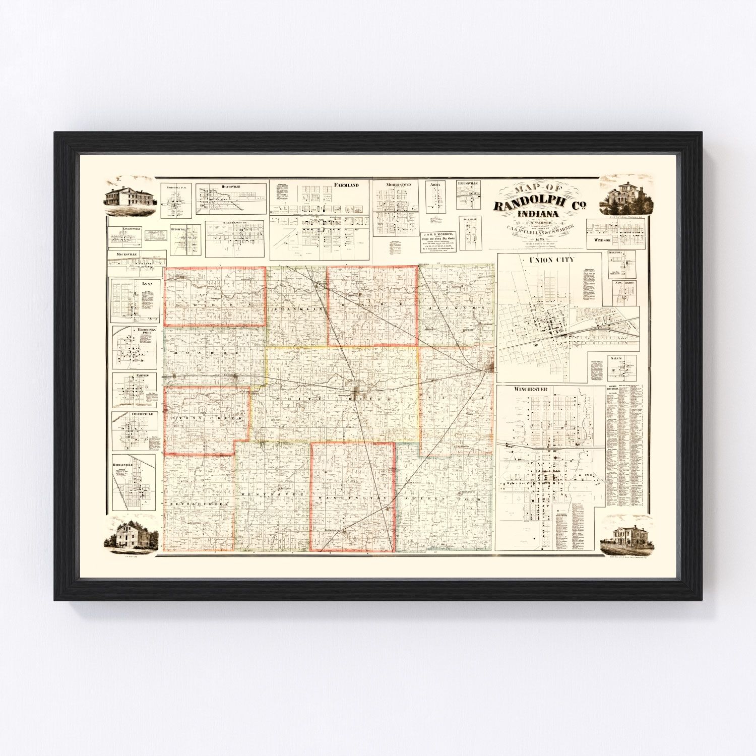 Vintage map of Randolph County, Indiana, 1865
