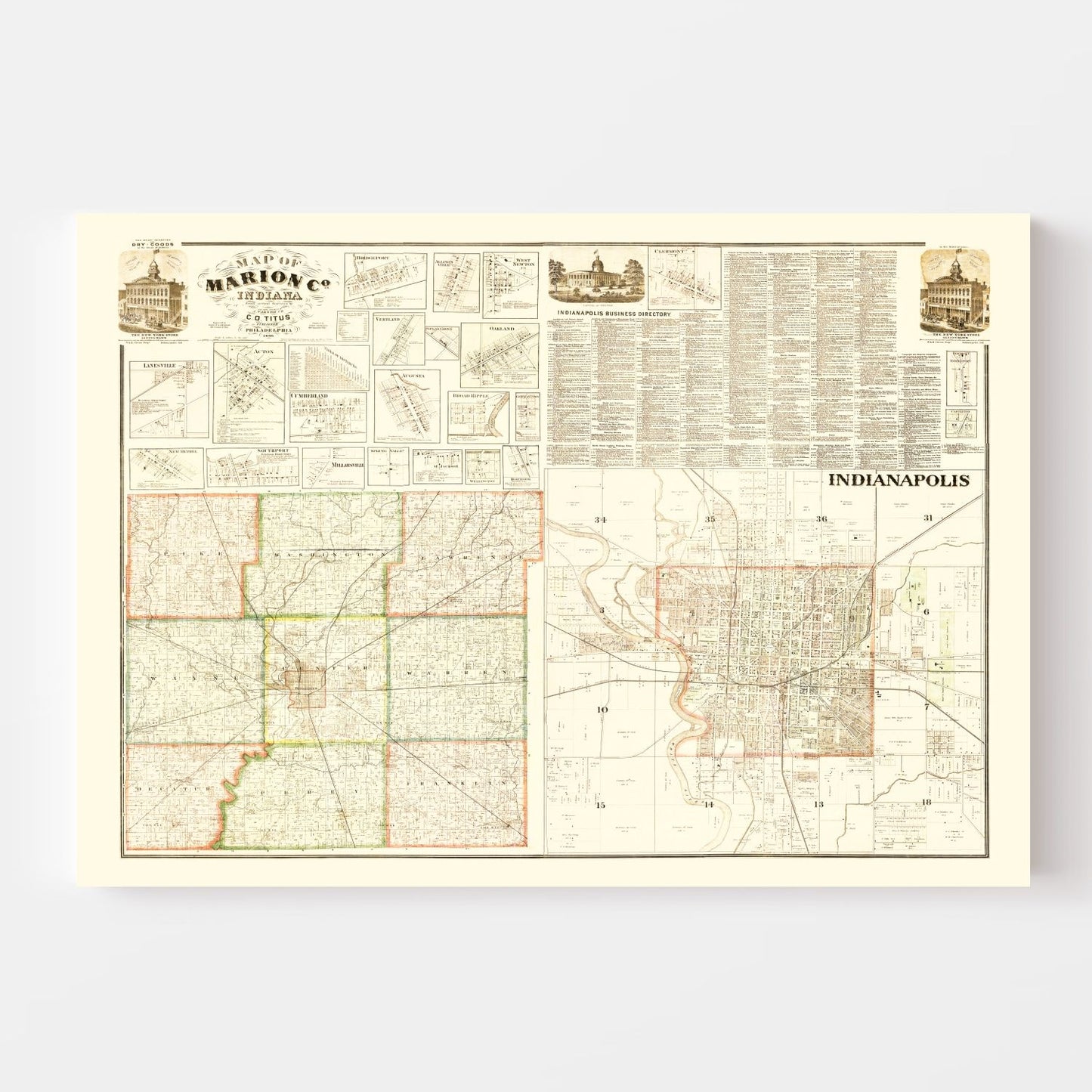 Vintage Map of Marion County, Indiana, 1866