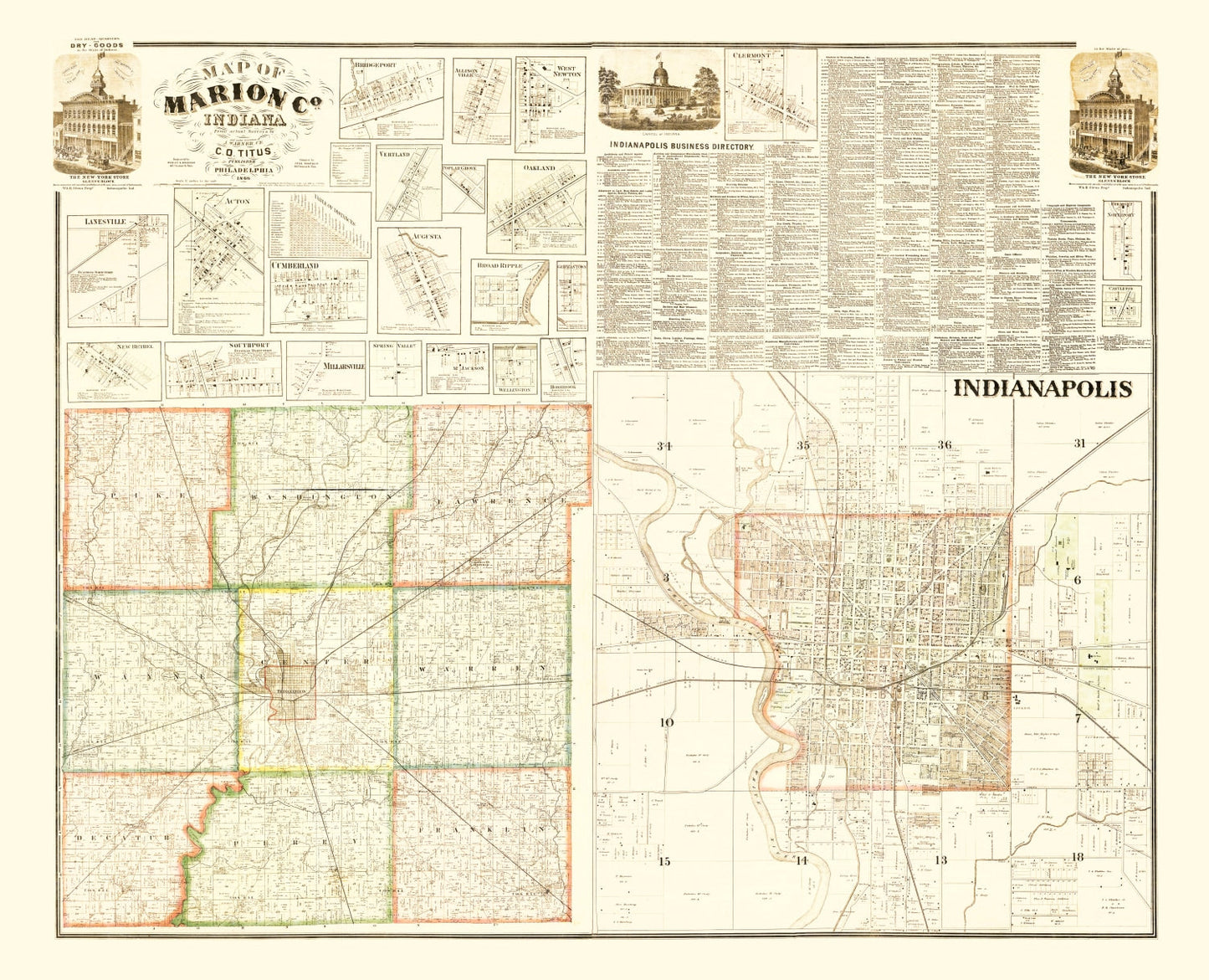 Vintage Map of Marion County, Indiana, 1866