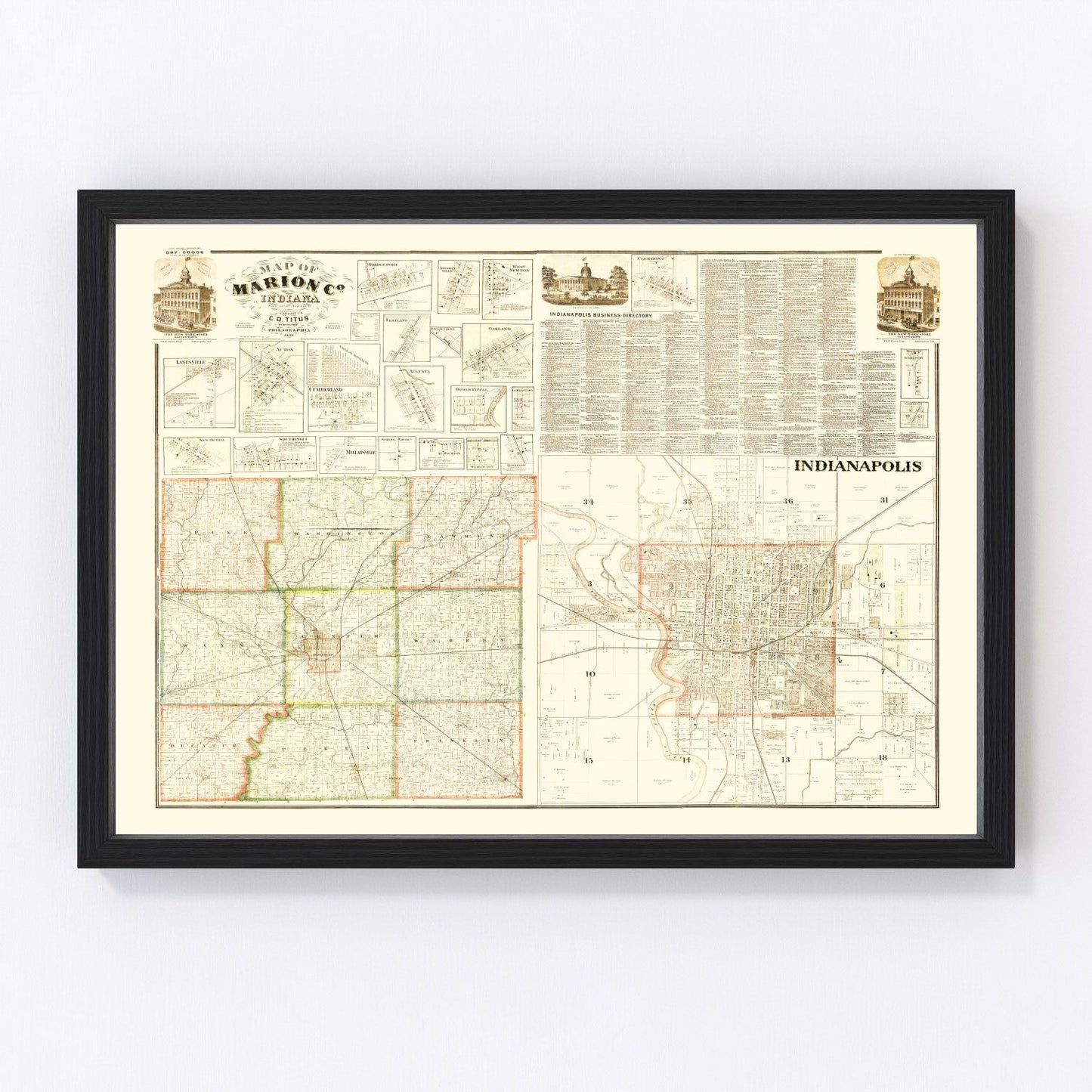vintage map of Marion County, Indiana, Indianapolis post-Civil War, 1866