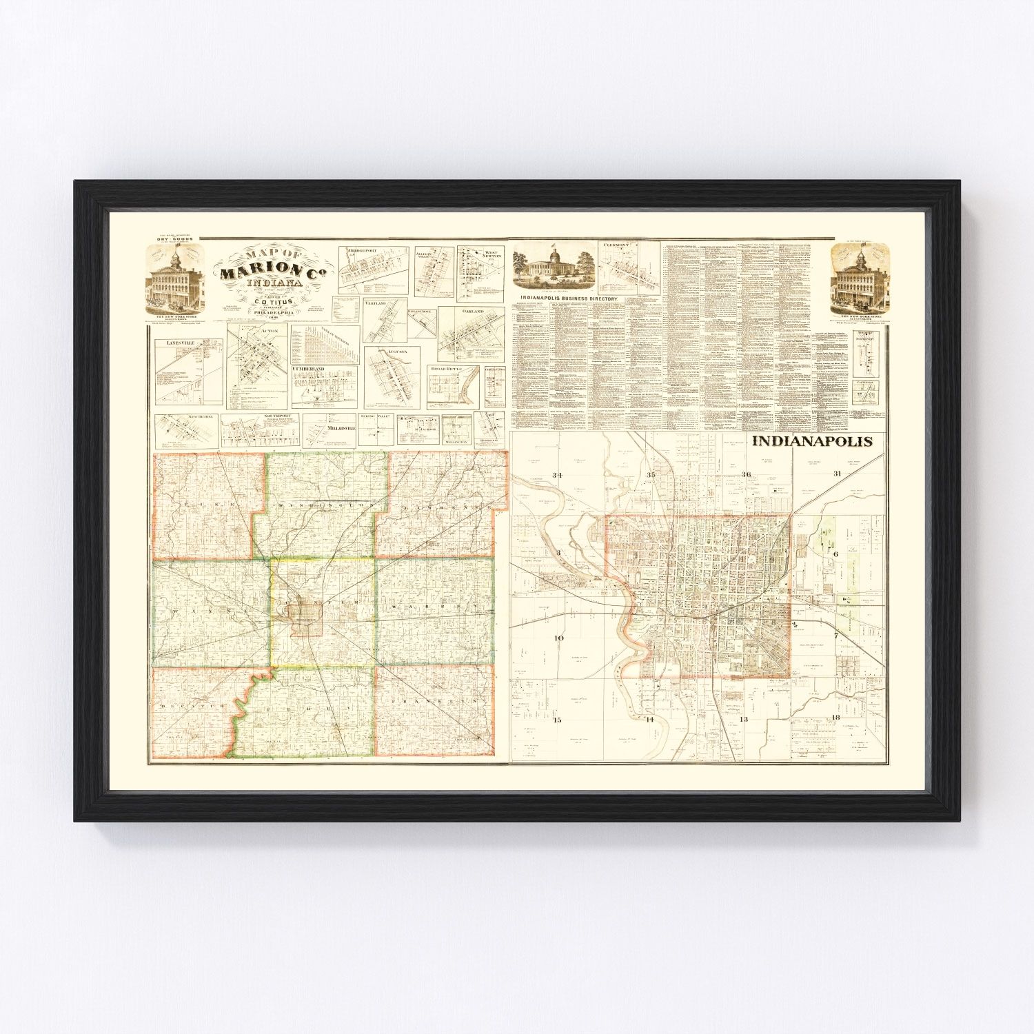 vintage map of Marion County, Indiana, Indianapolis post-Civil War, 1866