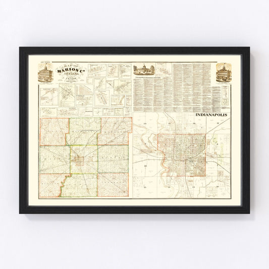 vintage map of Marion County, Indiana, Indianapolis post-Civil War, 1866