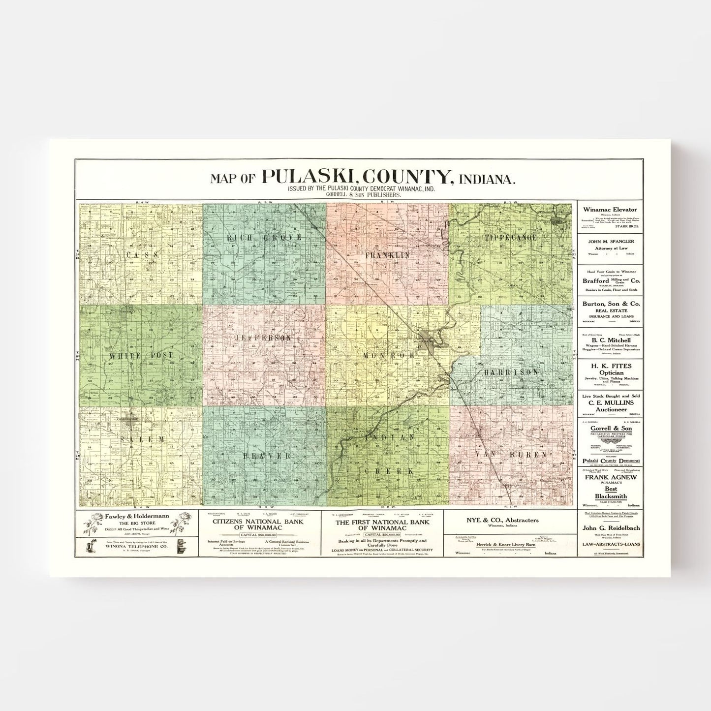 Vintage Map of Pulaski County, Indiana, 1907