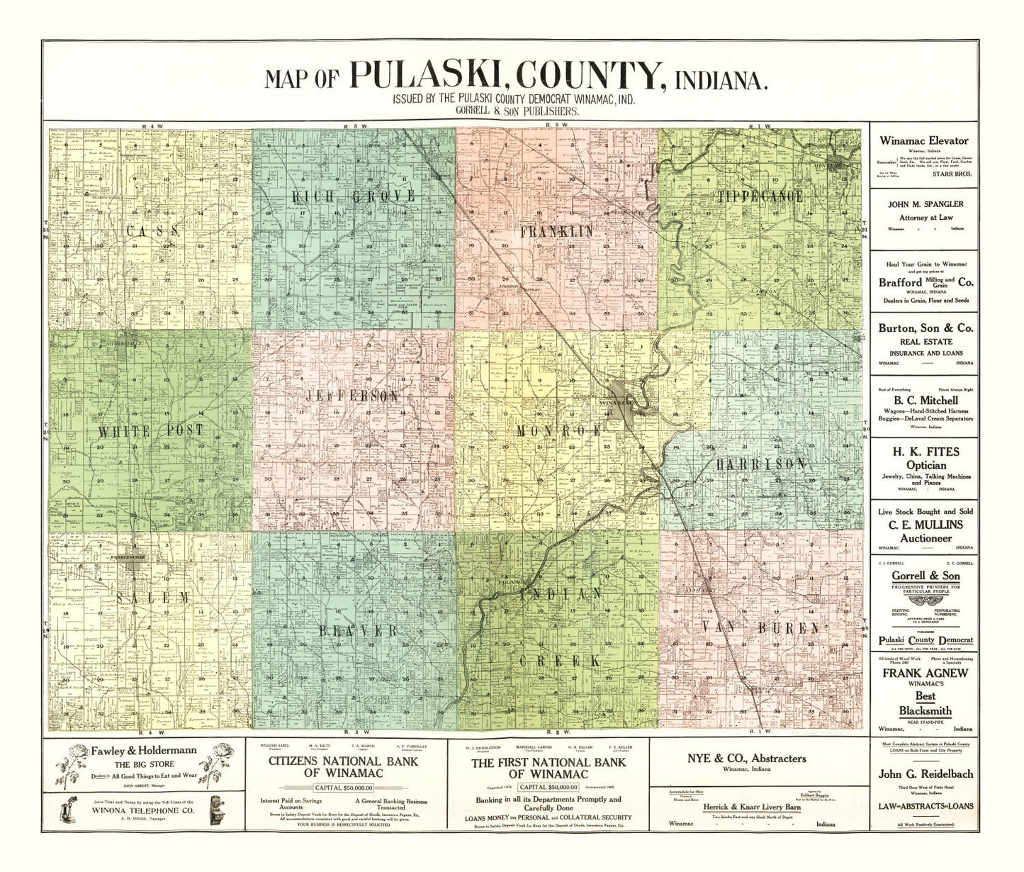 Vintage Map of Pulaski County, Indiana, 1907