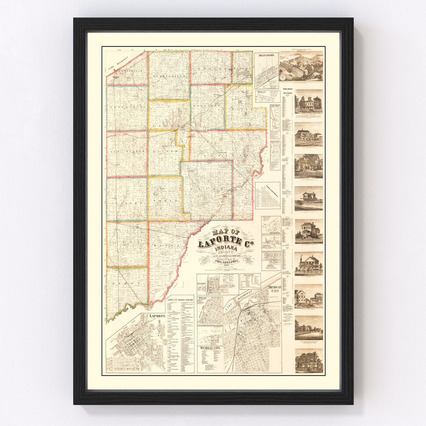 vintage map of La Porte County, Indiana, 1866
