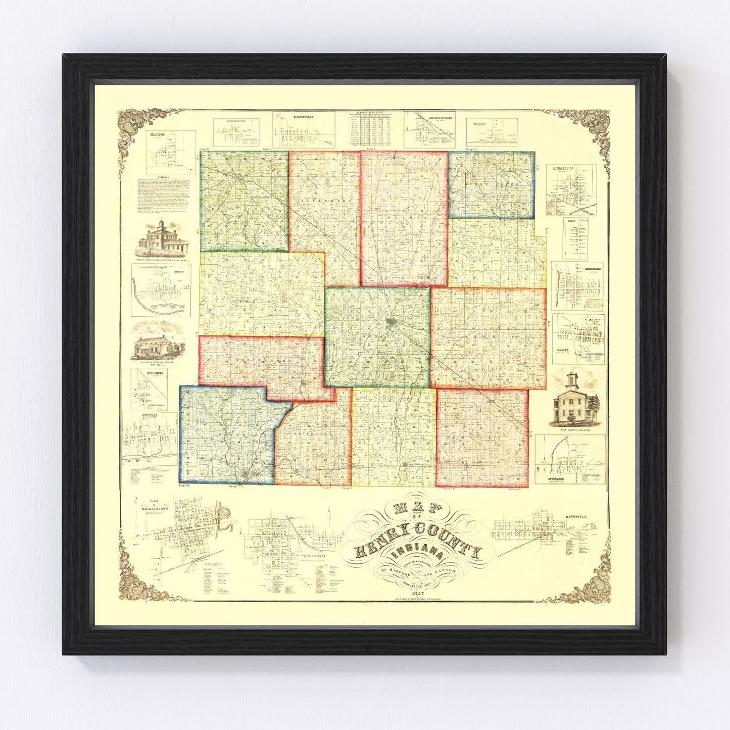 Vintage map of Henry County, Indiana, 1857