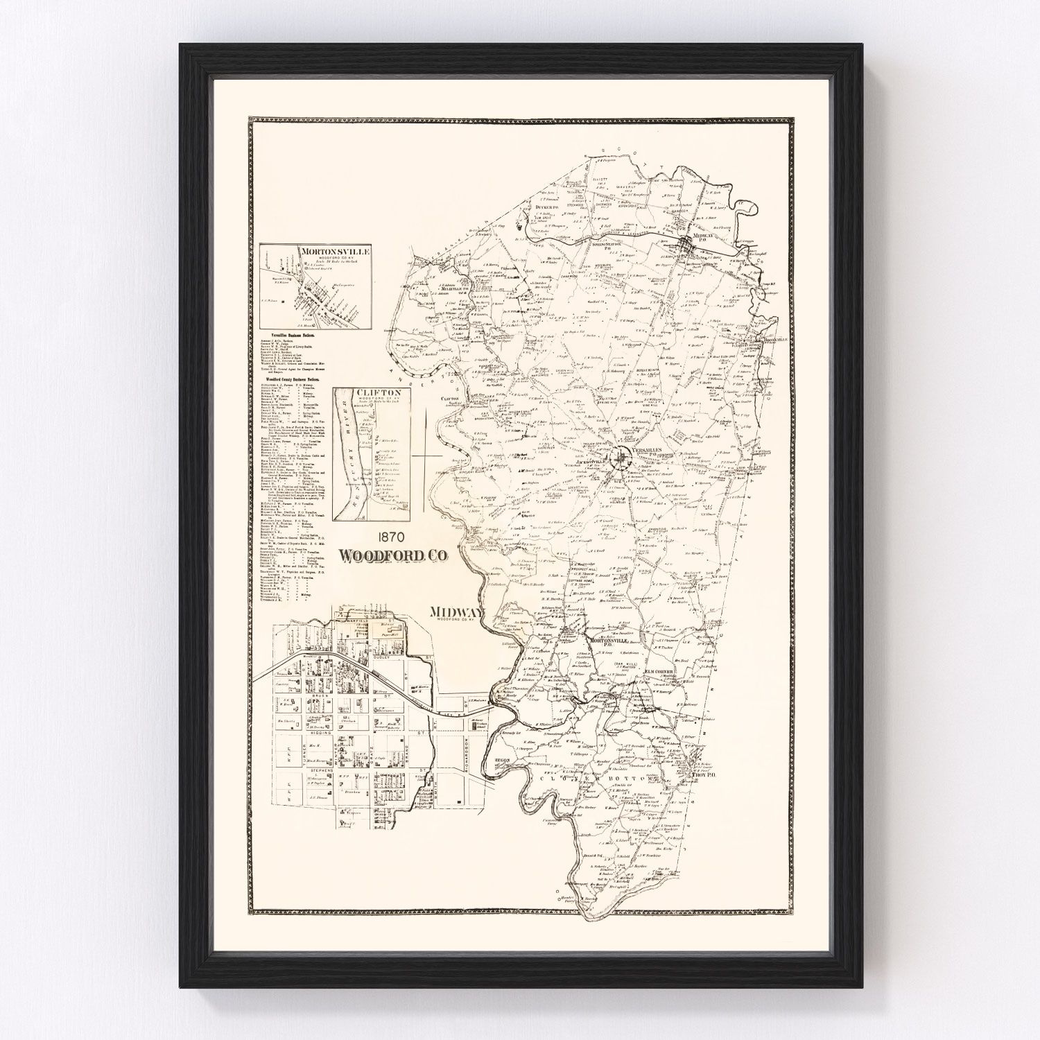 Vintage map of Woodford County, Kentucky, 1870, digitally restored