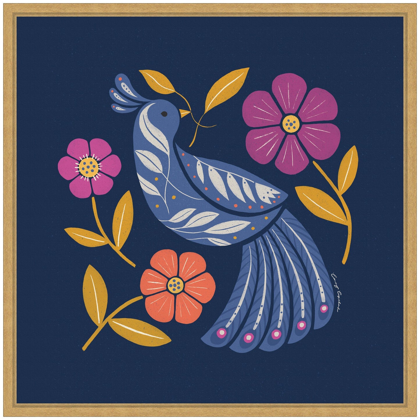 Boho Folk Art Bird Blue and Gold Framed Canvas Wall Art