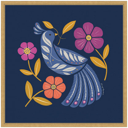 Boho Folk Art Bird Blue and Gold Framed Canvas Wall Art