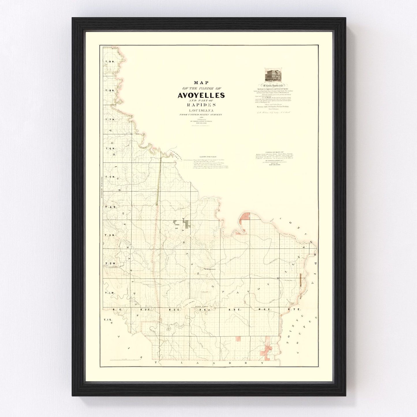 Vintage map of Avoyelles Parish, Louisiana, 1860, Marksville area restored print