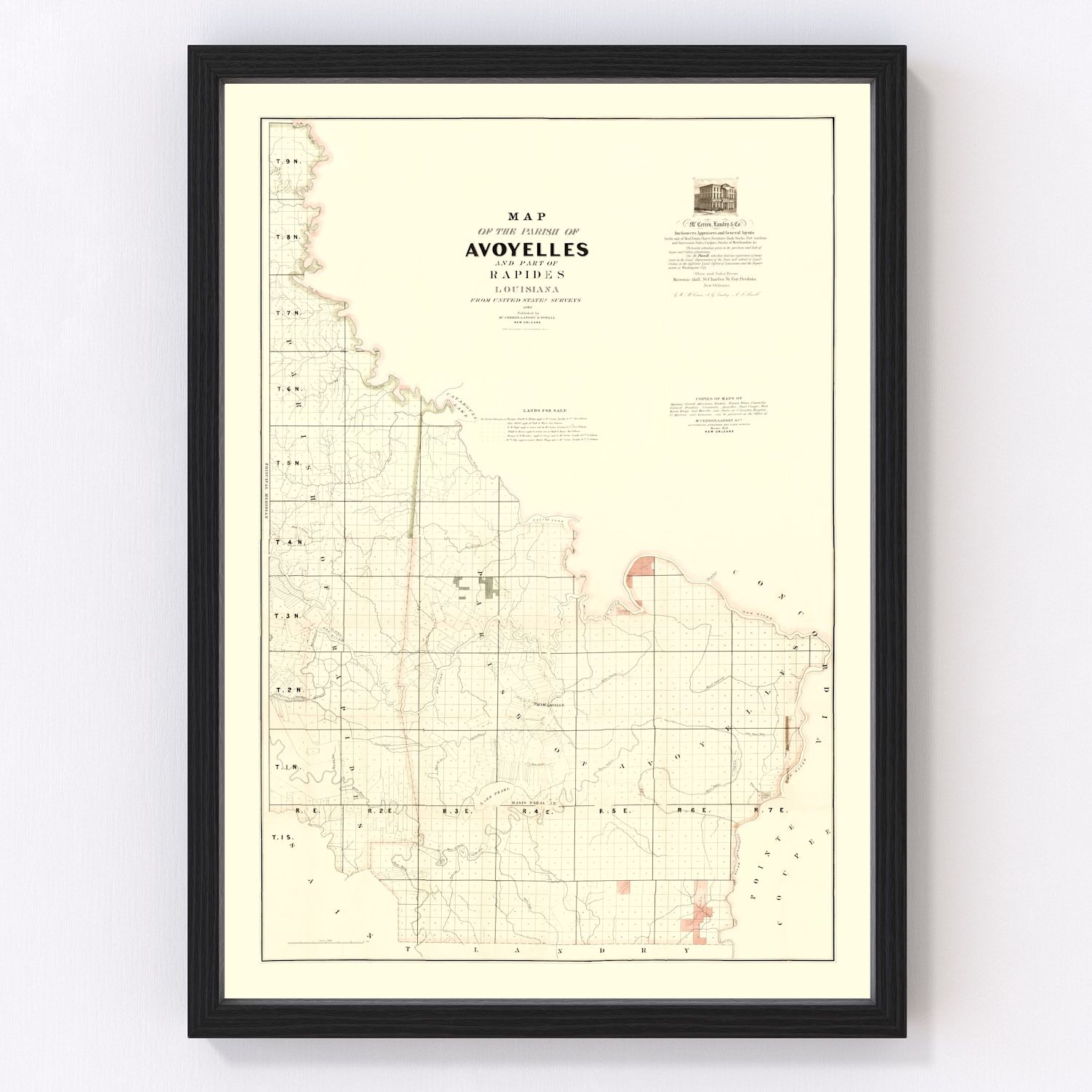 Vintage map of Avoyelles Parish, Louisiana, 1860, Marksville area restored print