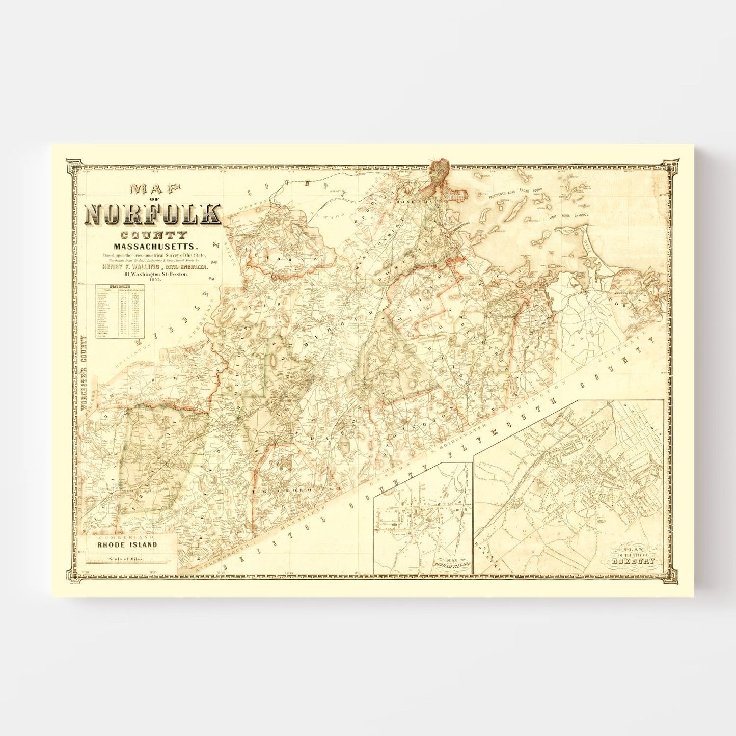 Vintage Map of Norfolk County, Massachusetts, 1853