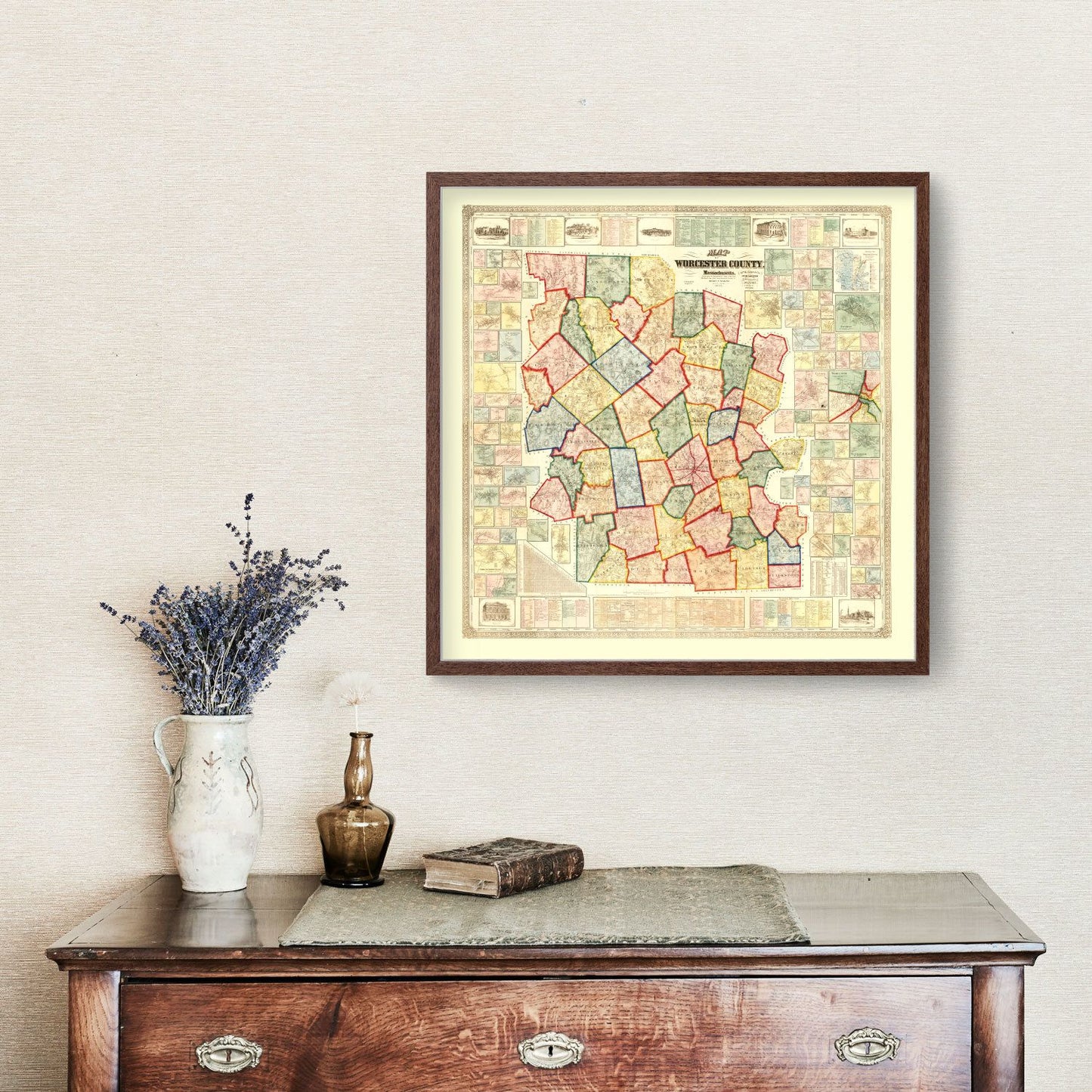 Vintage Map of Worcester County, Massachusetts, 1857