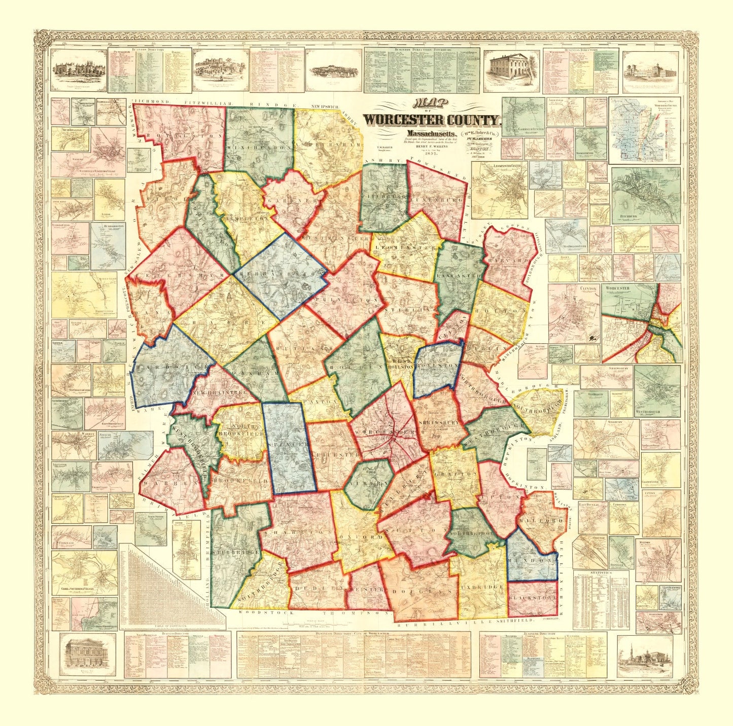Vintage Map of Worcester County, Massachusetts, 1857