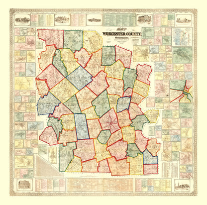 Vintage Map of Worcester County, Massachusetts, 1857