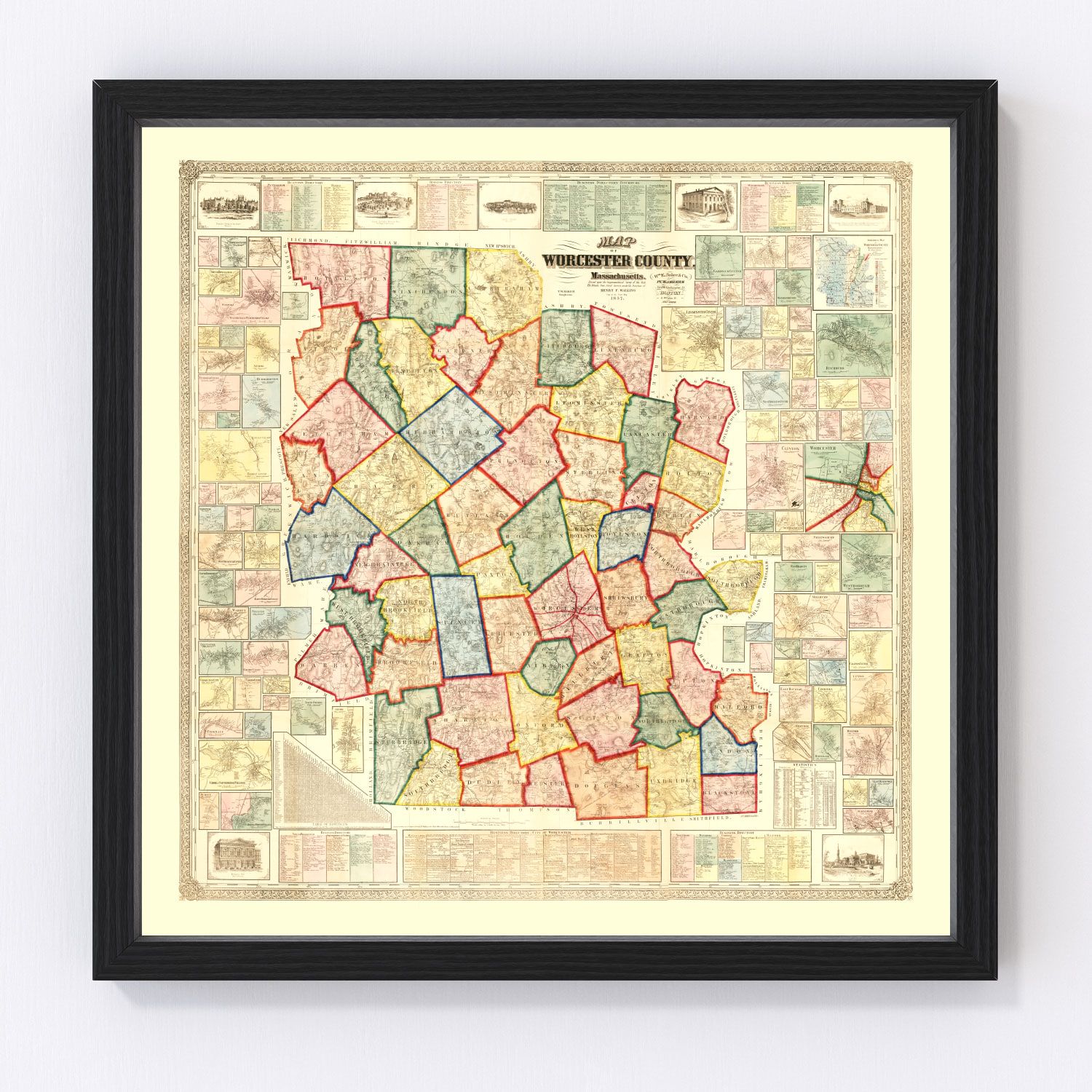 Vintage map of Worcester County, Massachusetts, 1857, digitally restored