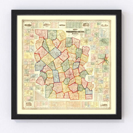 Vintage map of Worcester County, Massachusetts, 1857, digitally restored