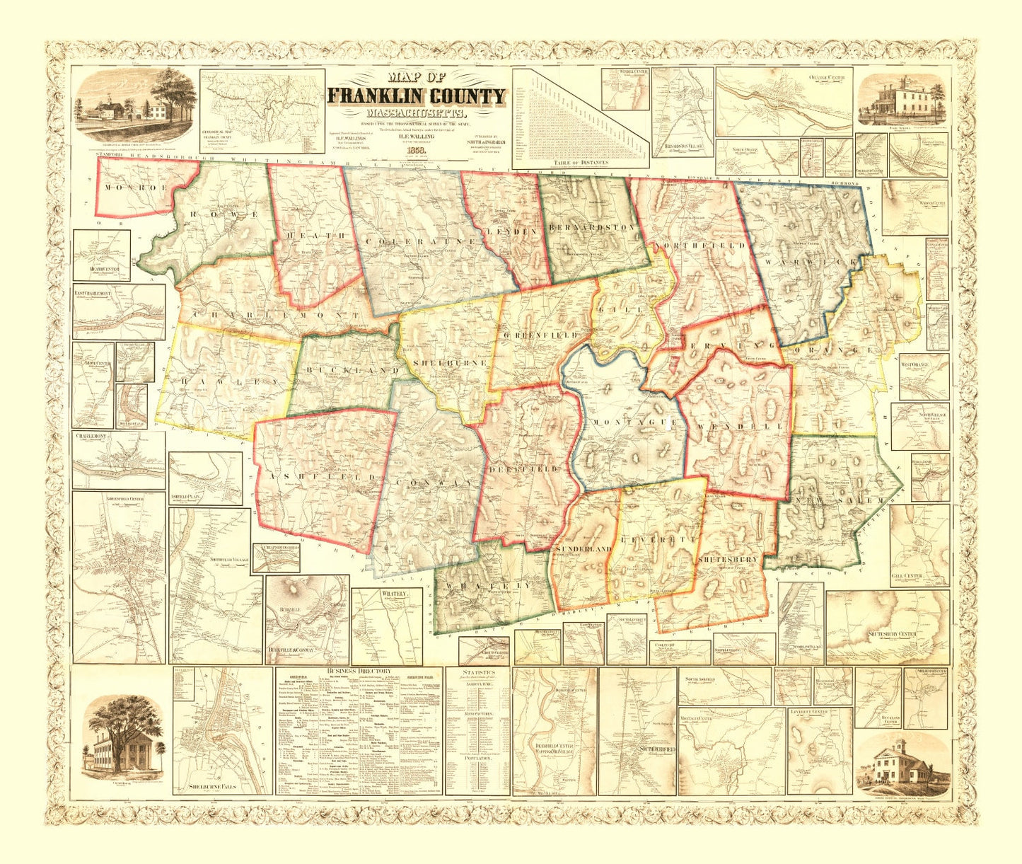 Vintage Map of Franklin County, Massachusetts, 1858