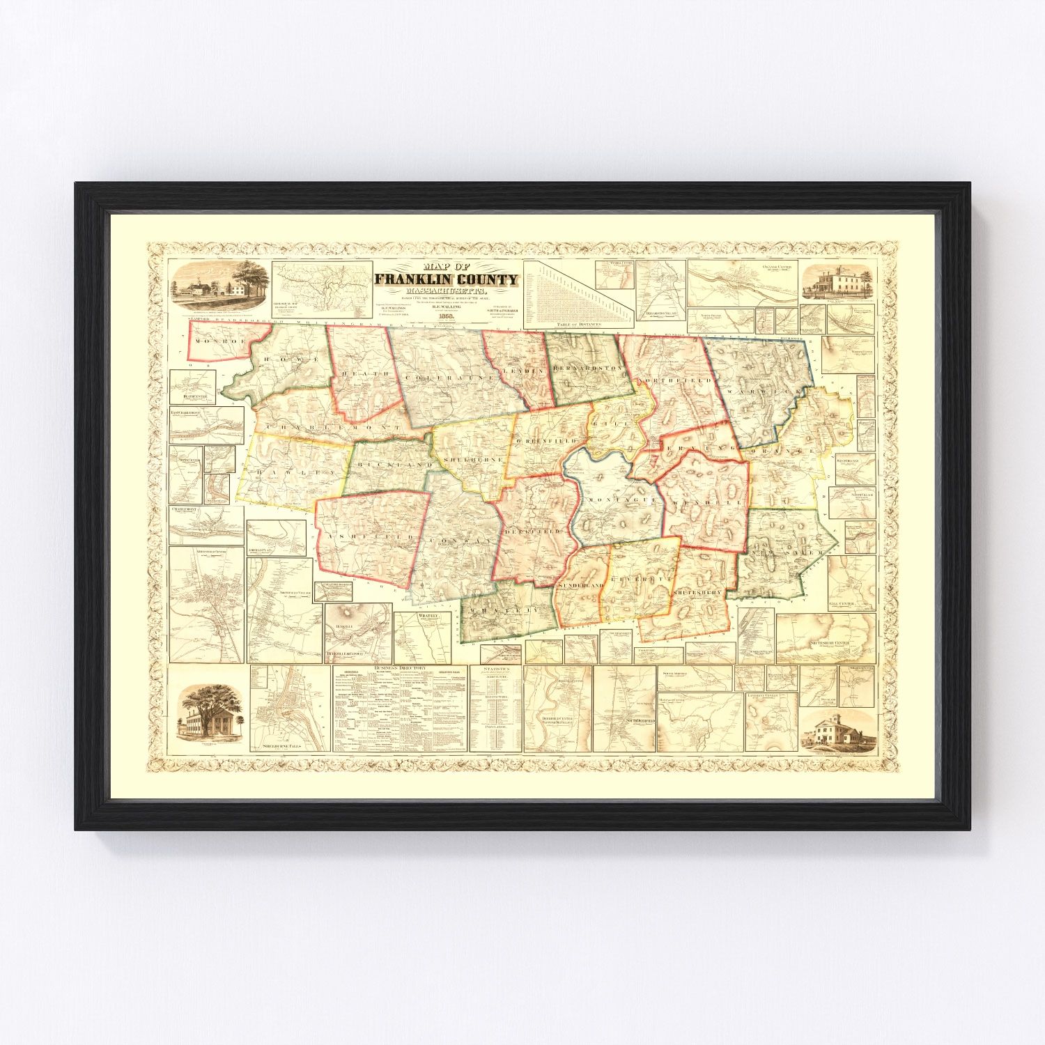 vintage map of Franklin County, Massachusetts, 1858