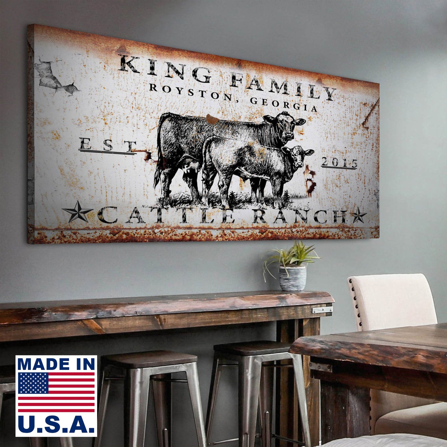 Personalized cattle ranch canvas sign with rustic western lettering