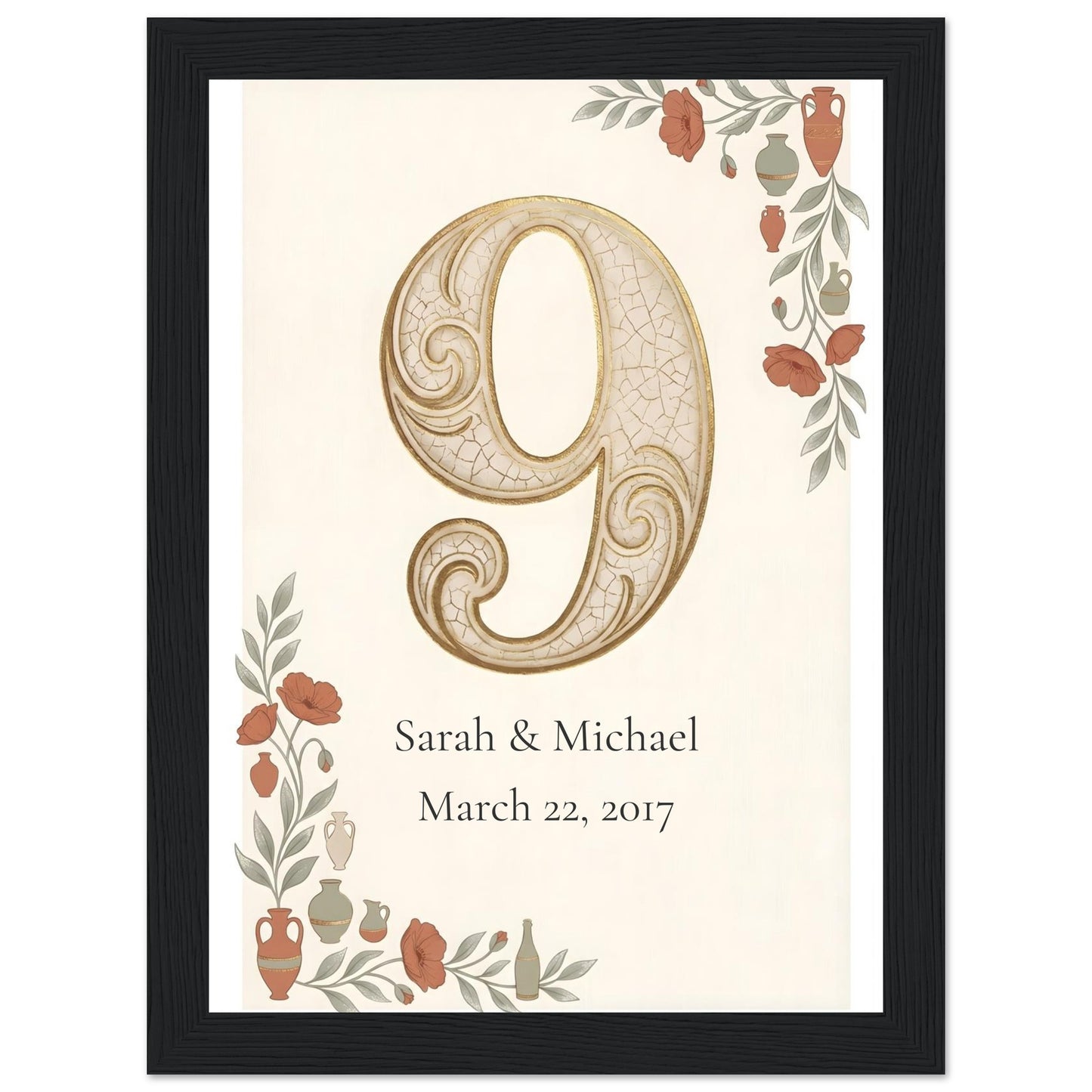 Personalized 9th Anniversary Wall Art - 13x18 cm / 5x7″ - Black frame / Ready-to-hang - Sparkycare