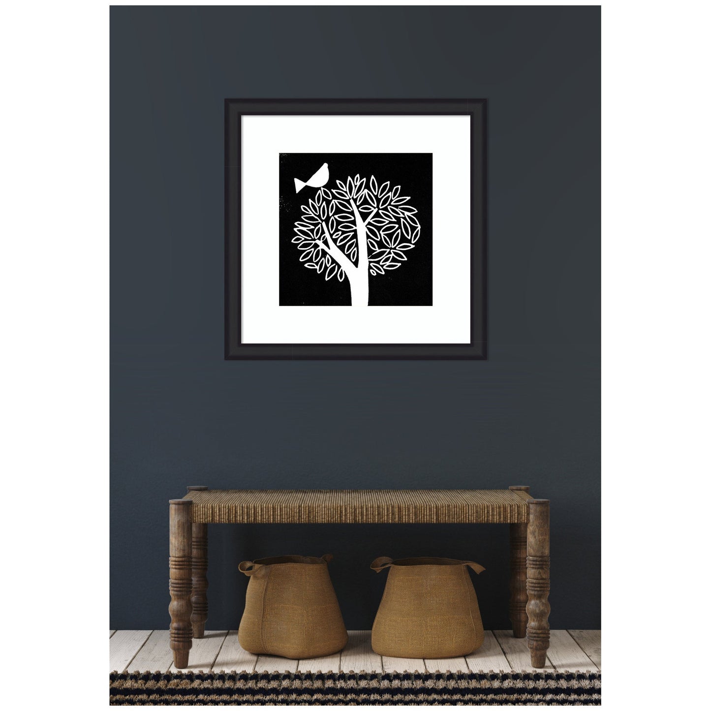 Black and White Bird Tree Linocut Framed Wall Art Print