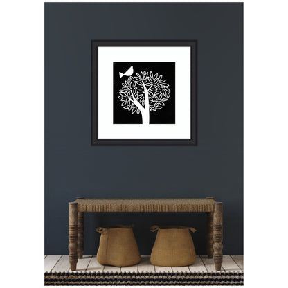 Black and White Bird Tree Linocut Framed Wall Art Print