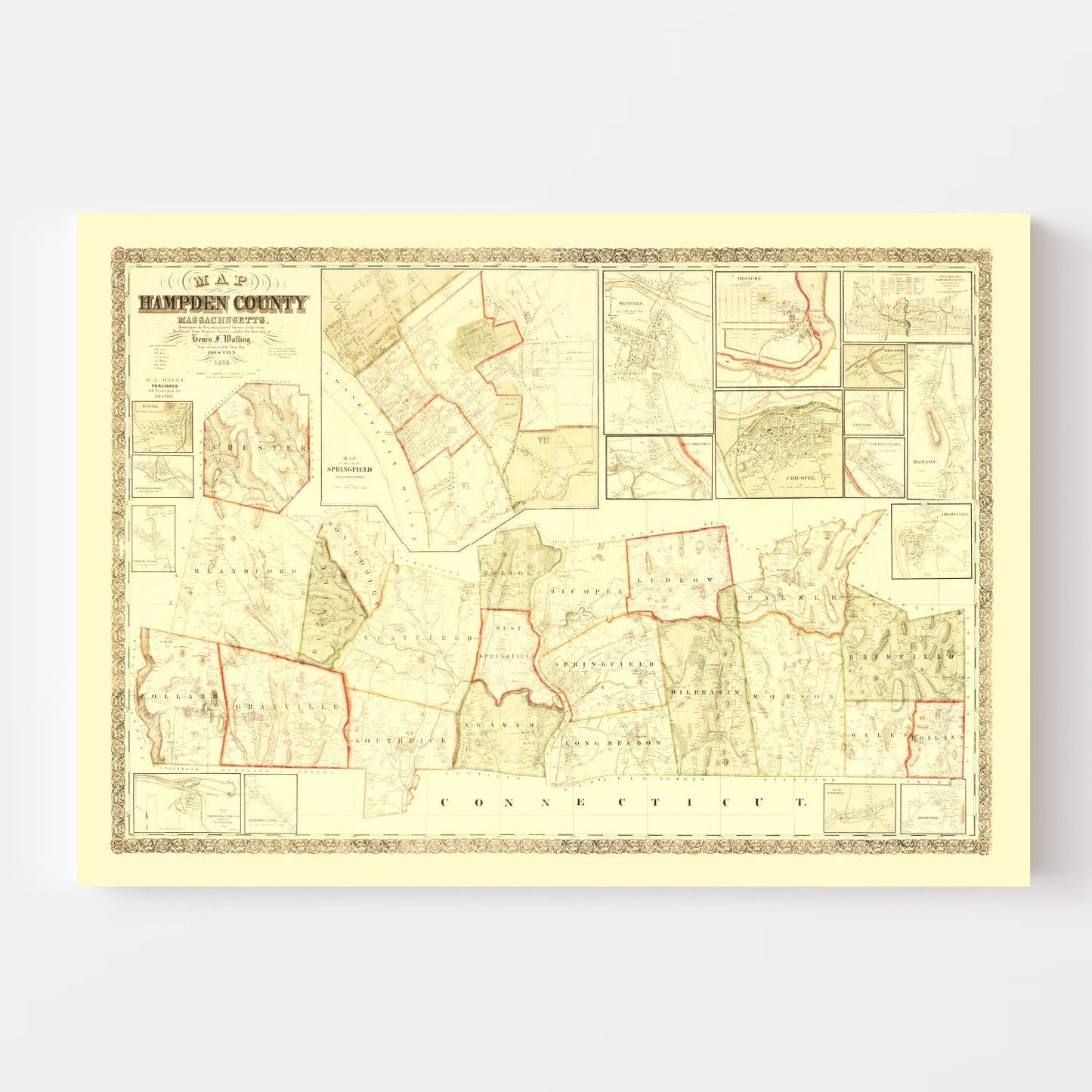 Vintage Map of Hampden County, Massachusetts, 1855