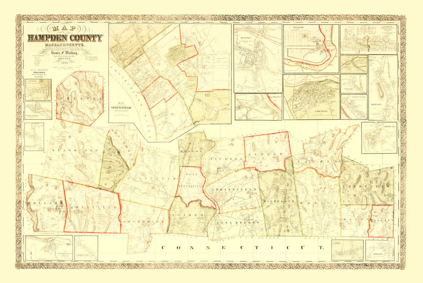 Vintage Map of Hampden County, Massachusetts, 1855