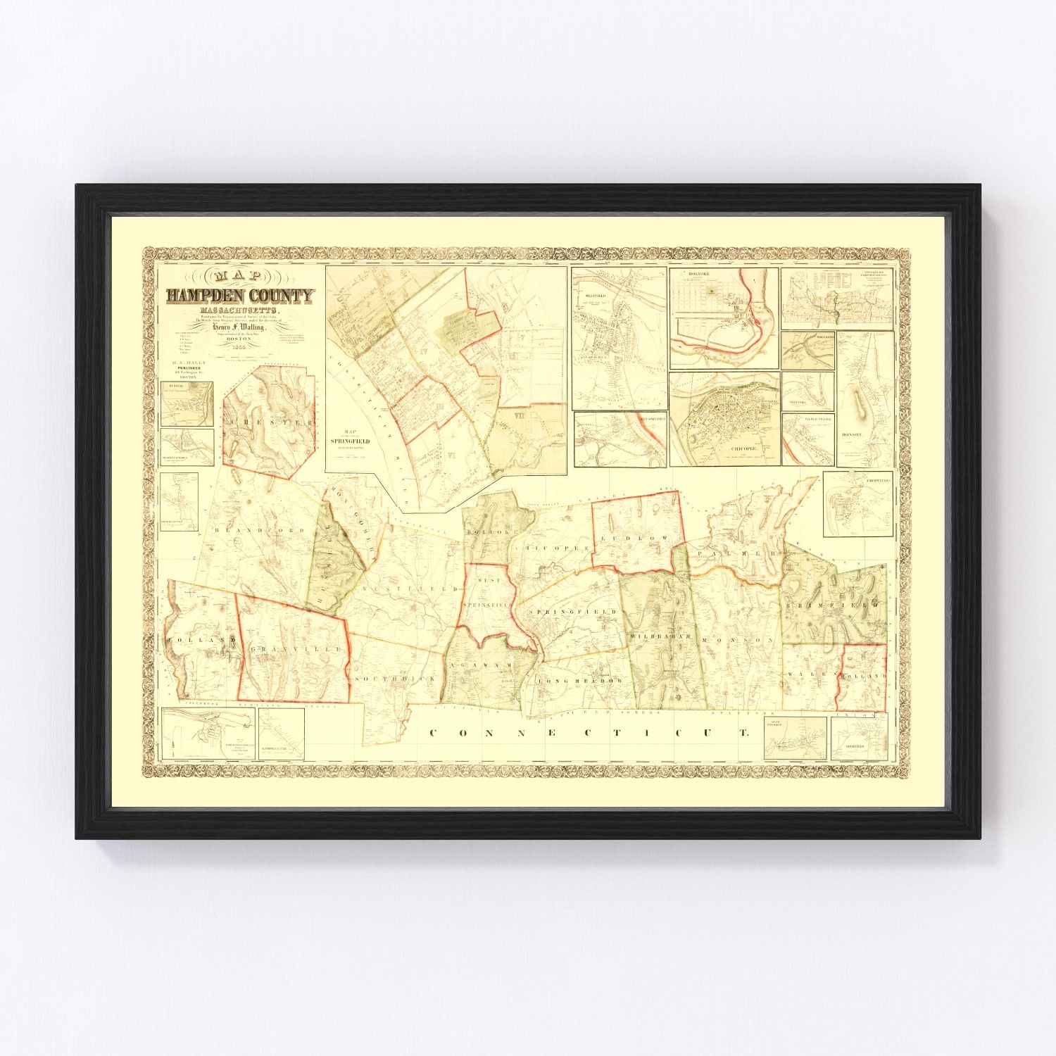 vintage map of Hampden County, Massachusetts, 1855