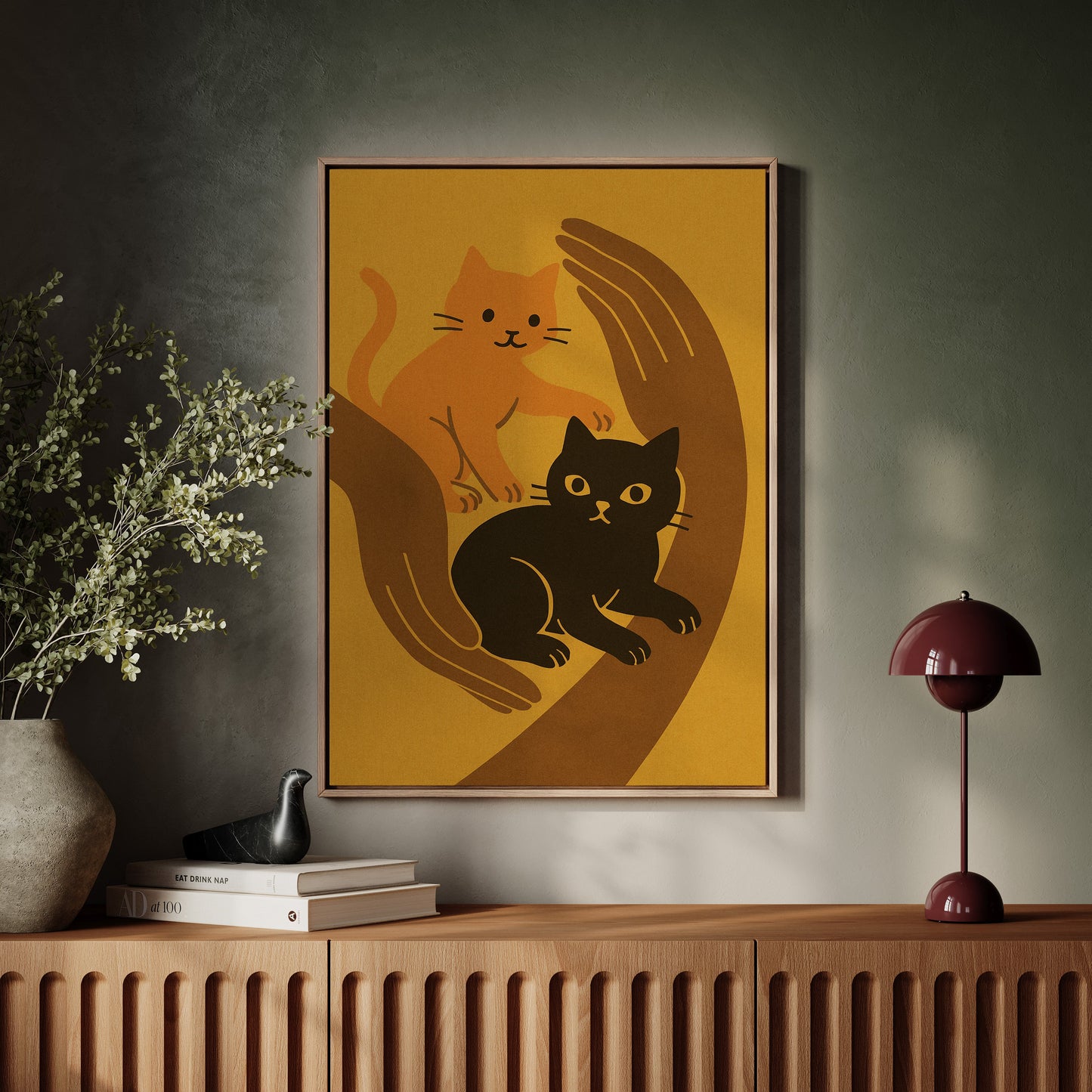 Two Cats Embrace Minimalist Cat Wall Art Print