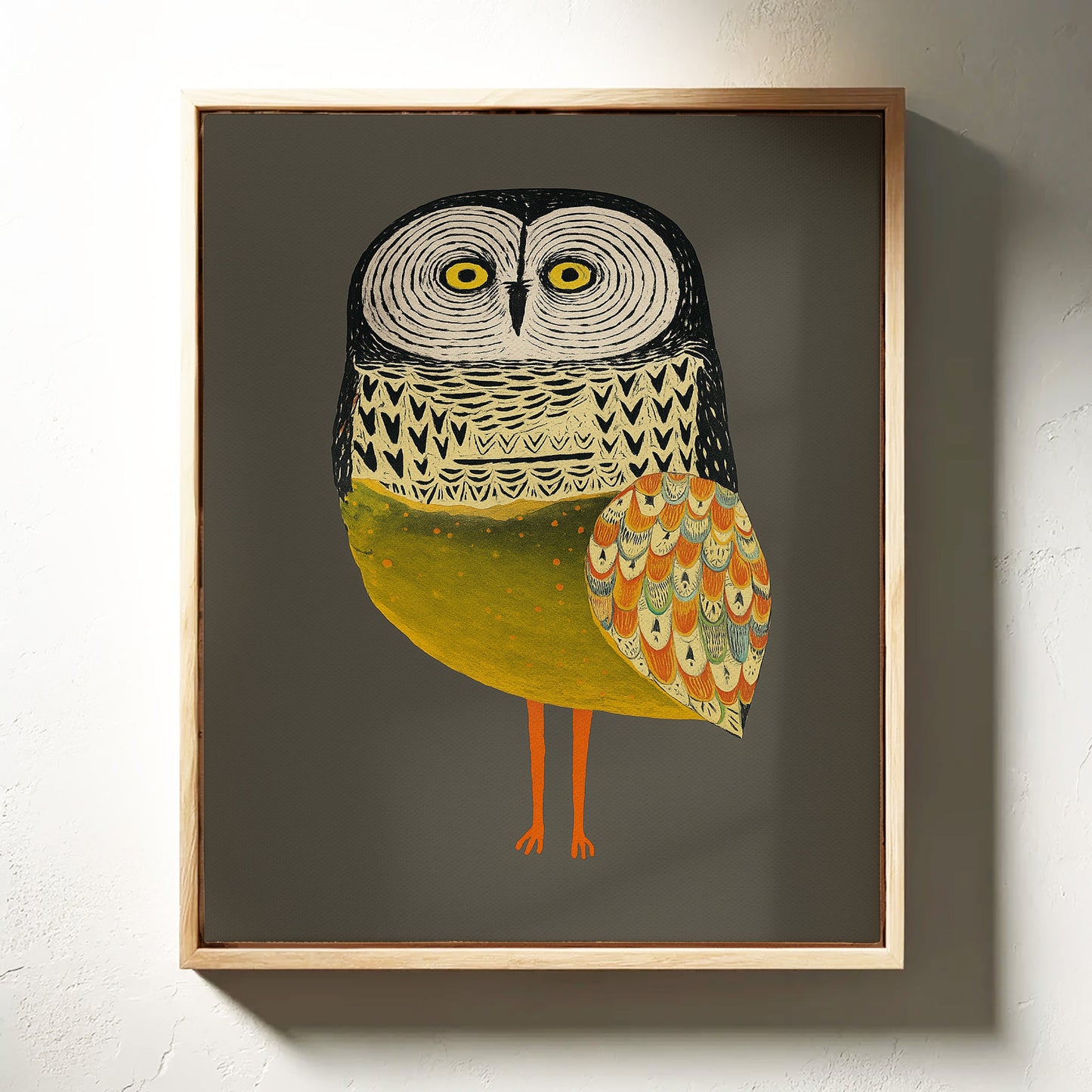 Stylized Owl Wall Art - Golden Feather Bird Print