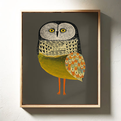 Stylized Owl Wall Art - Golden Feather Bird Print