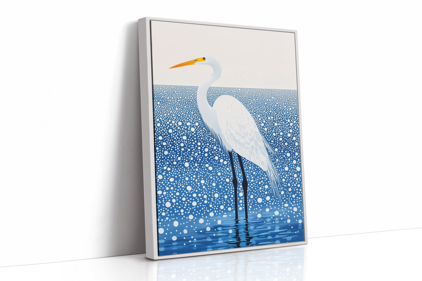 White Egret in Snowfall - Minimalist Bird Wall Art