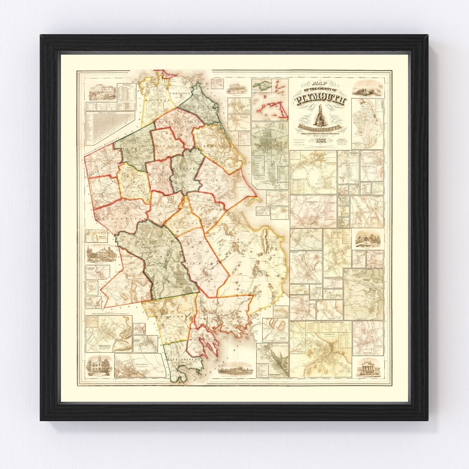 Vintage map of Plymouth County, Massachusetts, 1857