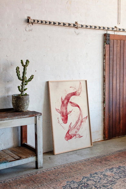 Koi Fish Wall Art Minimalist Japanese Ink Print