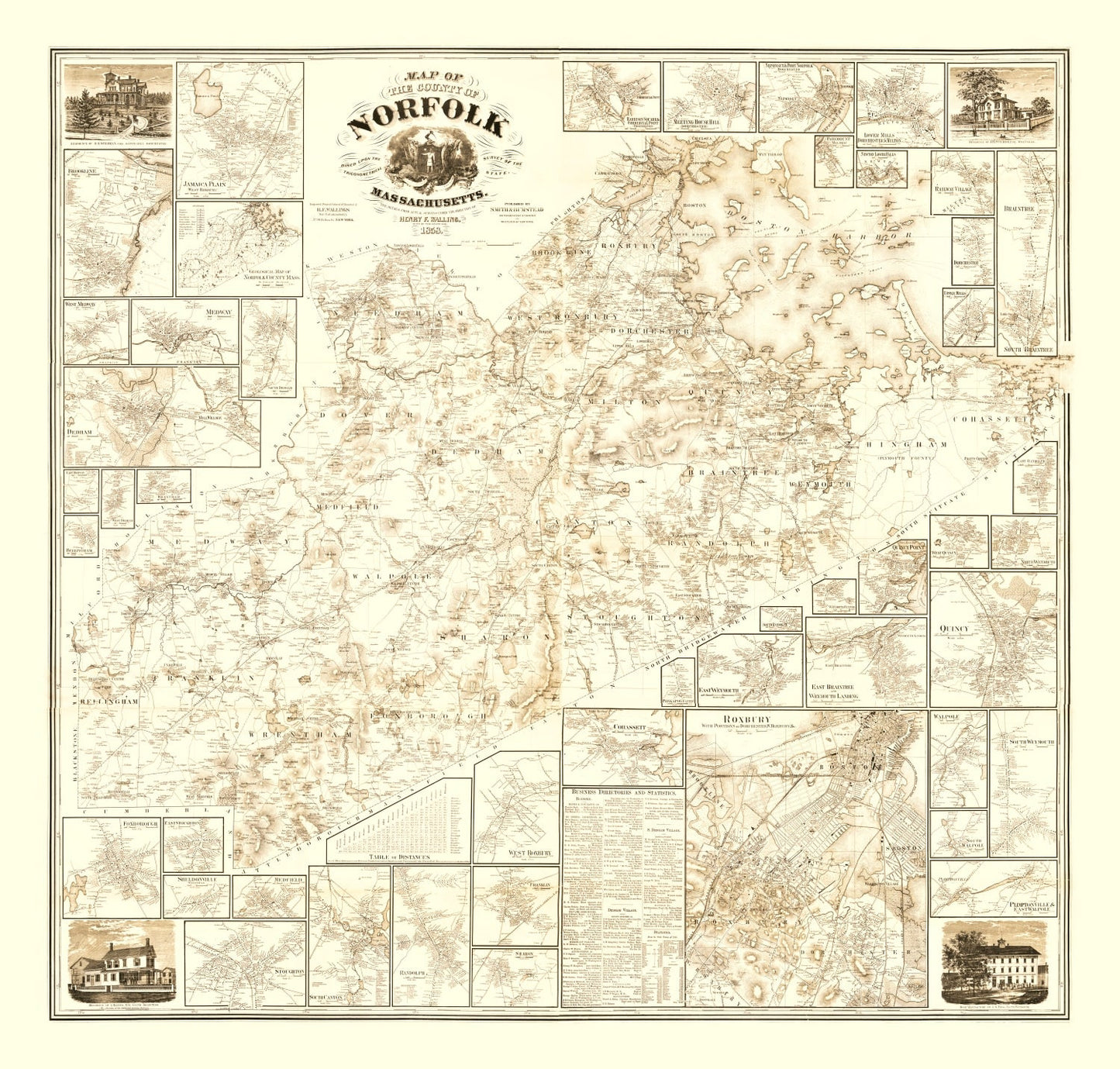 Vintage Map of Norfolk County, Massachusetts, 1858