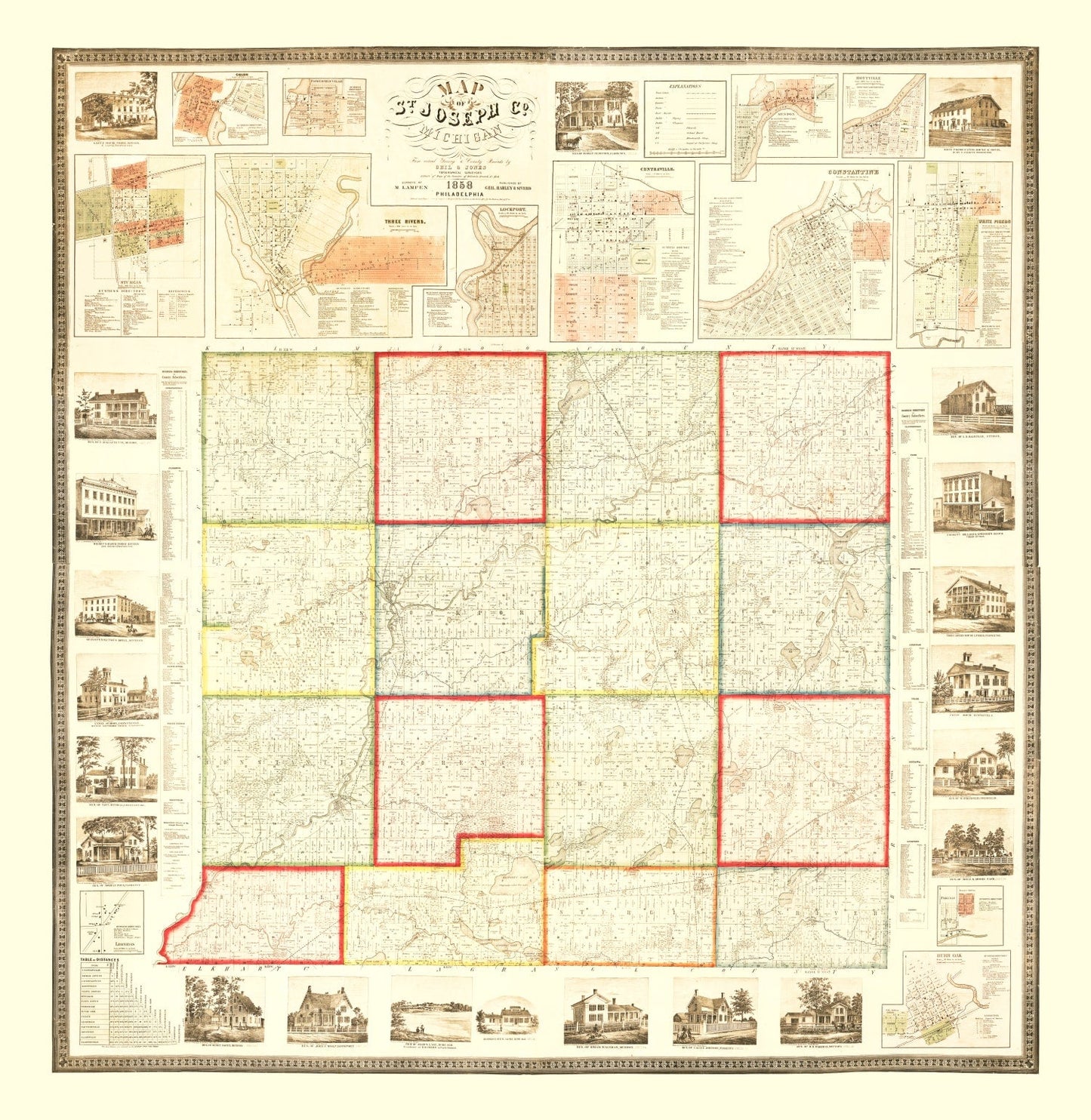 Vintage Map of St. Joseph County, Michigan, 1858