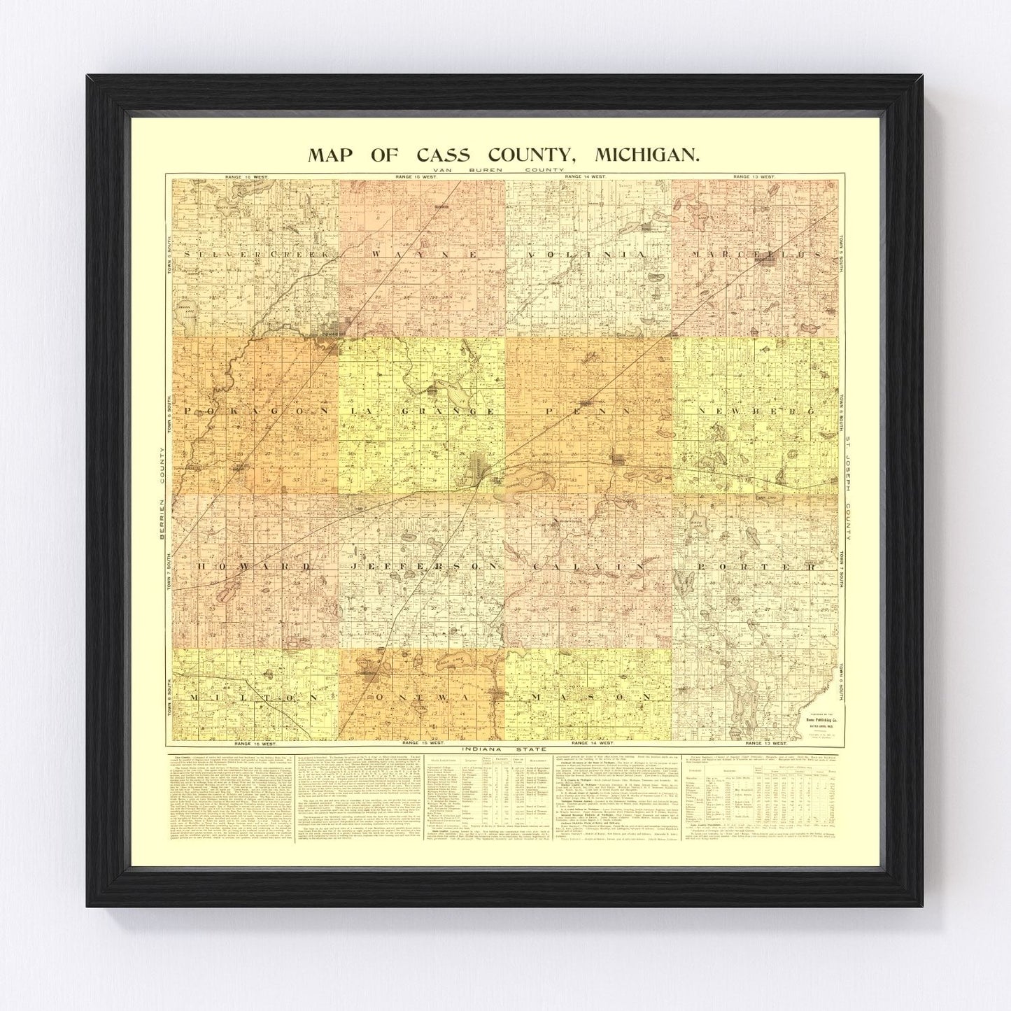 Vintage map of Cass County, Michigan, 1897, restored vintage wall art print