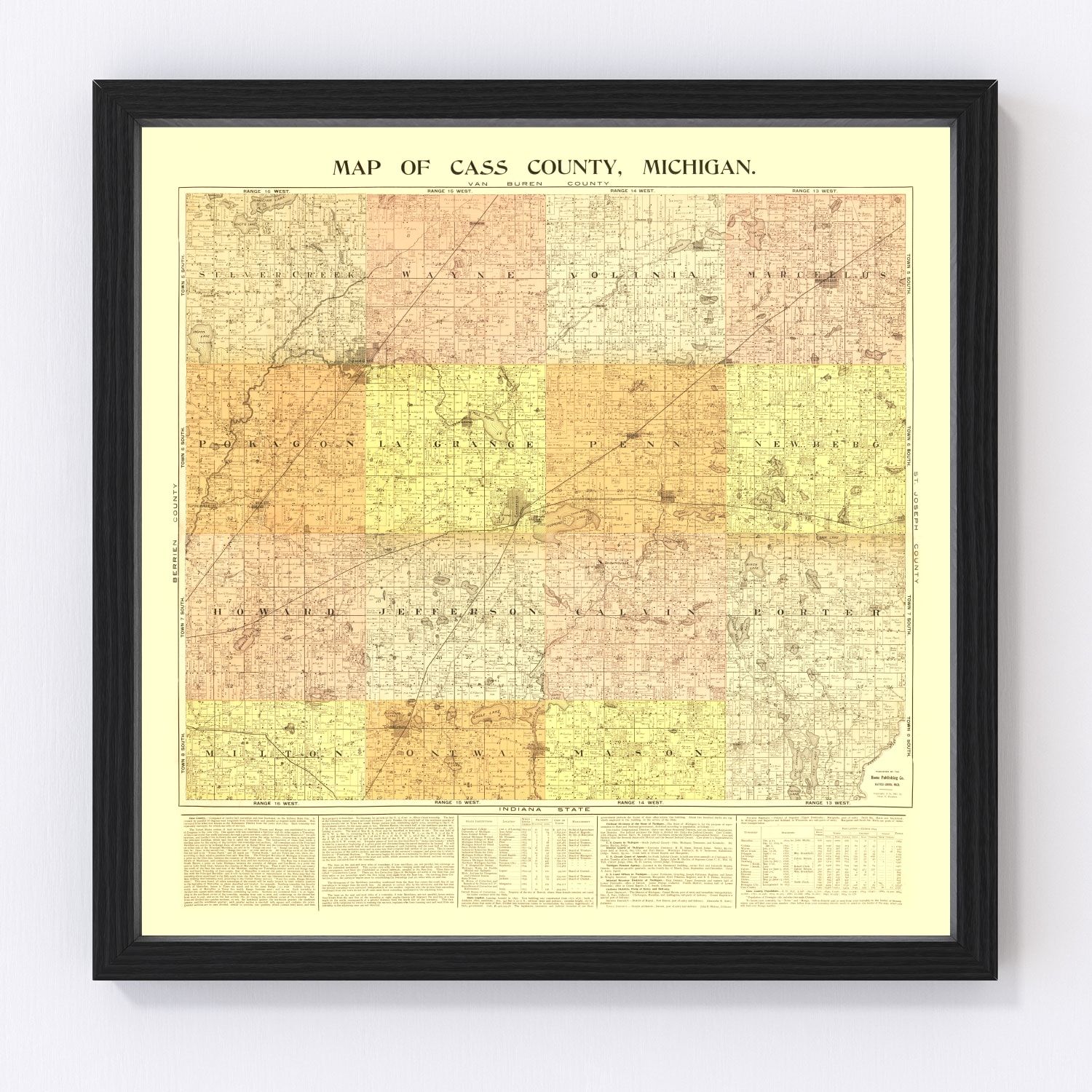 Vintage map of Cass County, Michigan, 1897, restored vintage wall art print