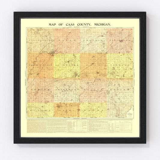 Vintage map of Cass County, Michigan, 1897, restored vintage wall art print