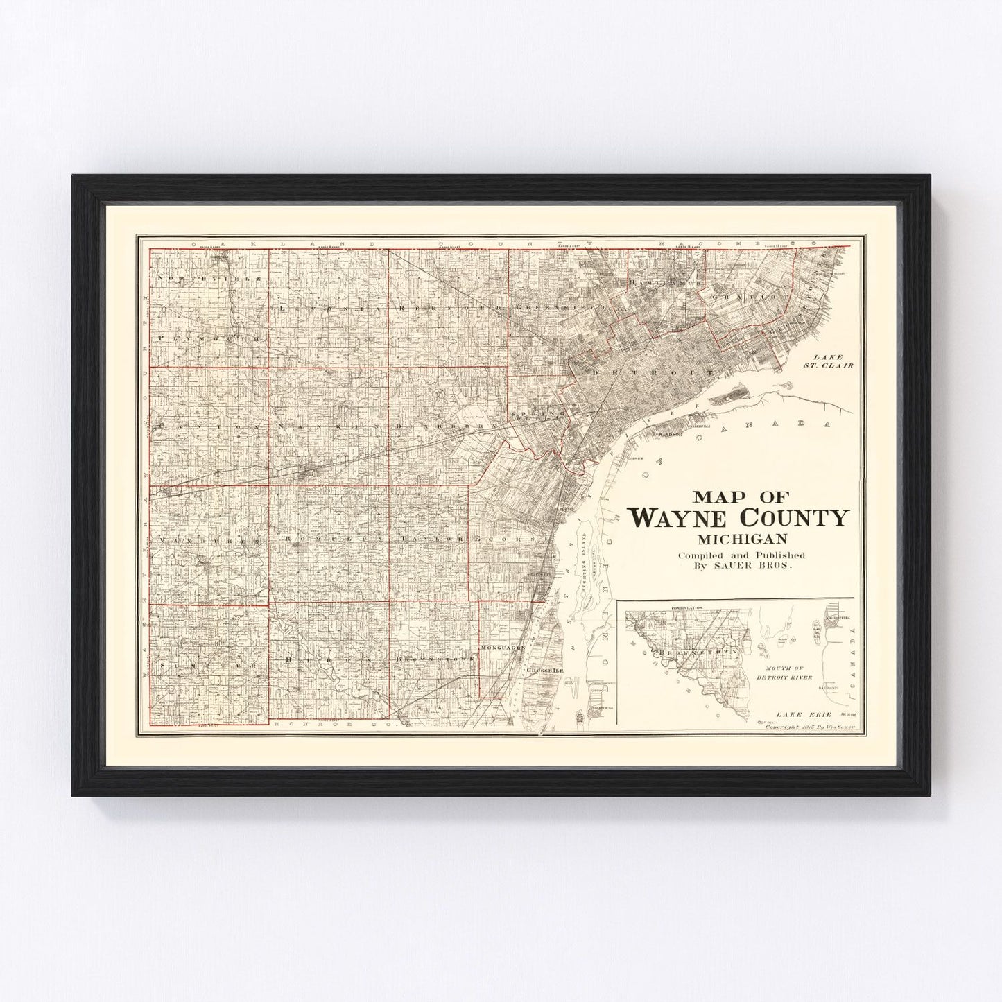 Vintage map of Wayne County, Michigan, 1915 - Detroit area restored print
