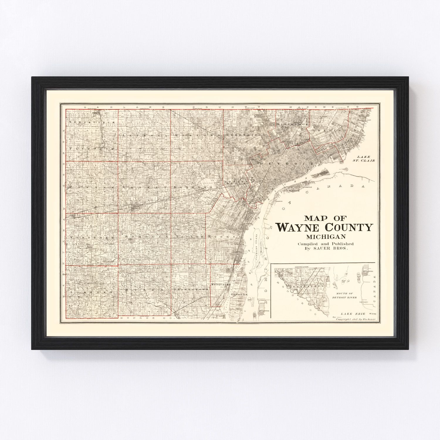 Vintage map of Wayne County, Michigan, 1915 - Detroit area restored print