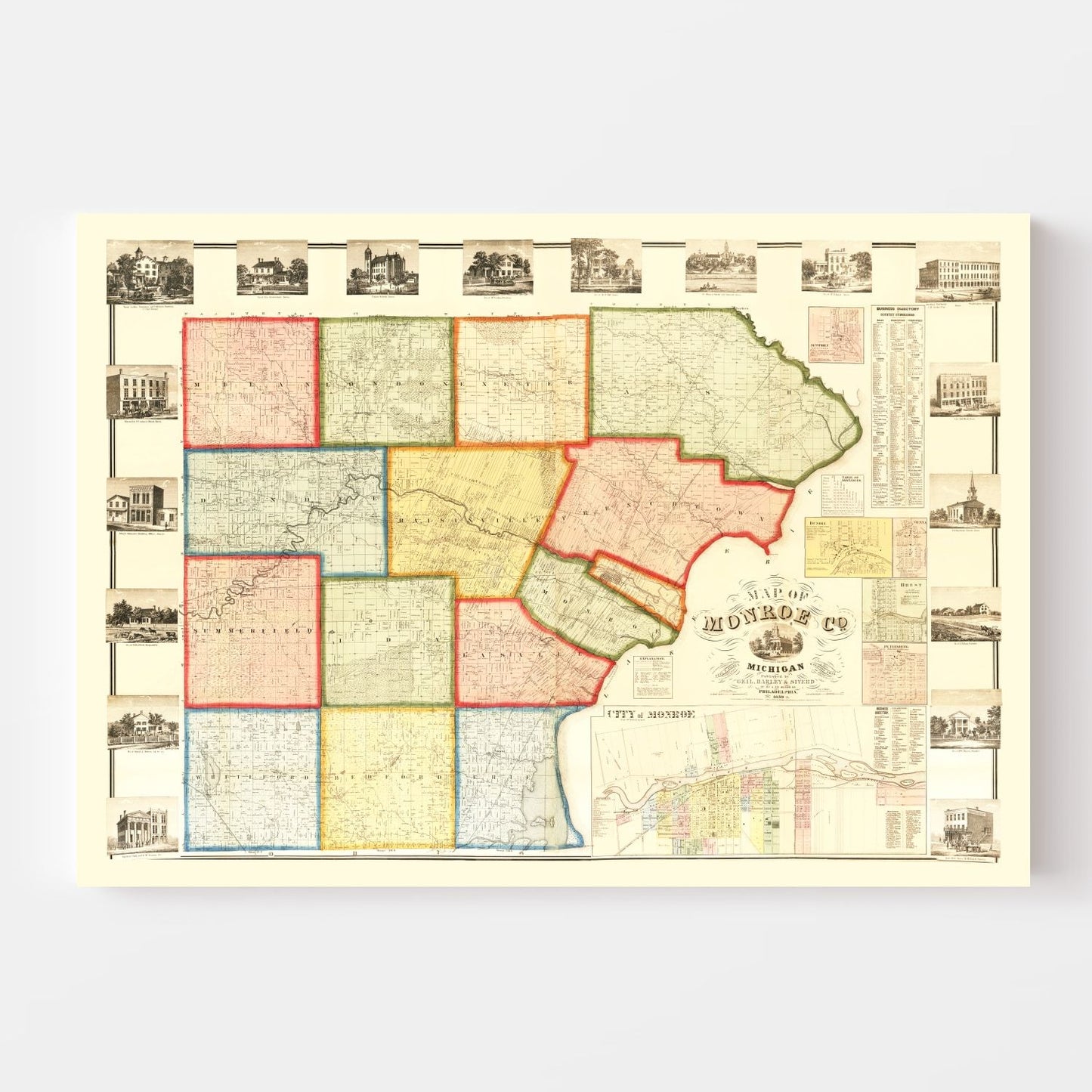 Vintage Map of Monroe County, Michigan, 1859