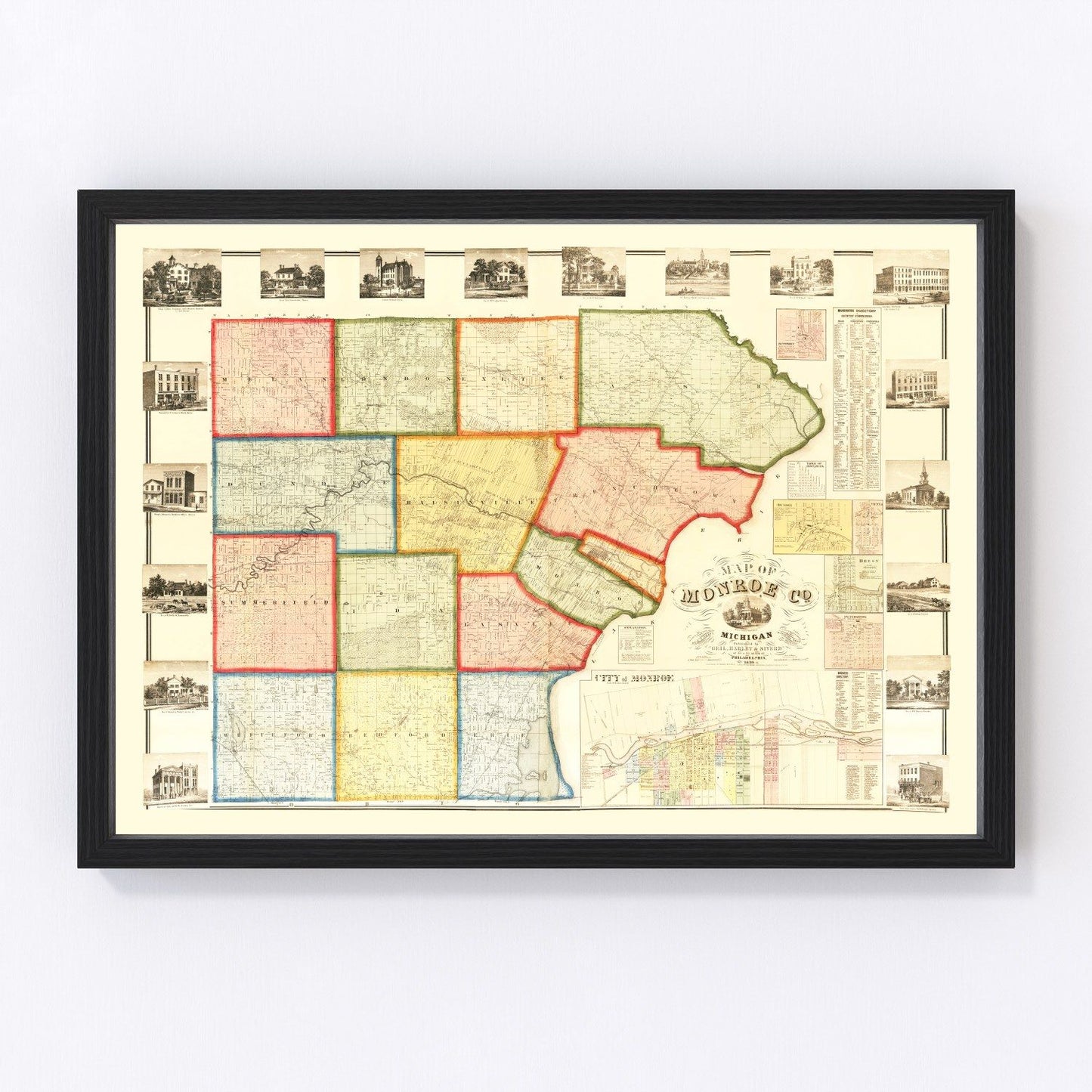 Vintage map of Monroe County, Michigan, 1859