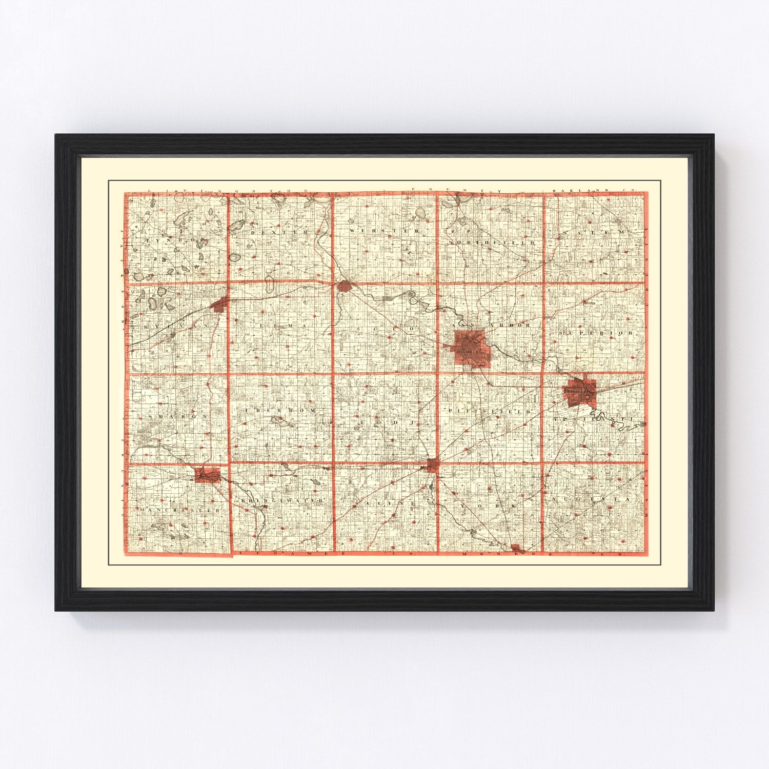 Vintage map of Washtenaw County, Michigan, 1896 - Ann Arbor restored print