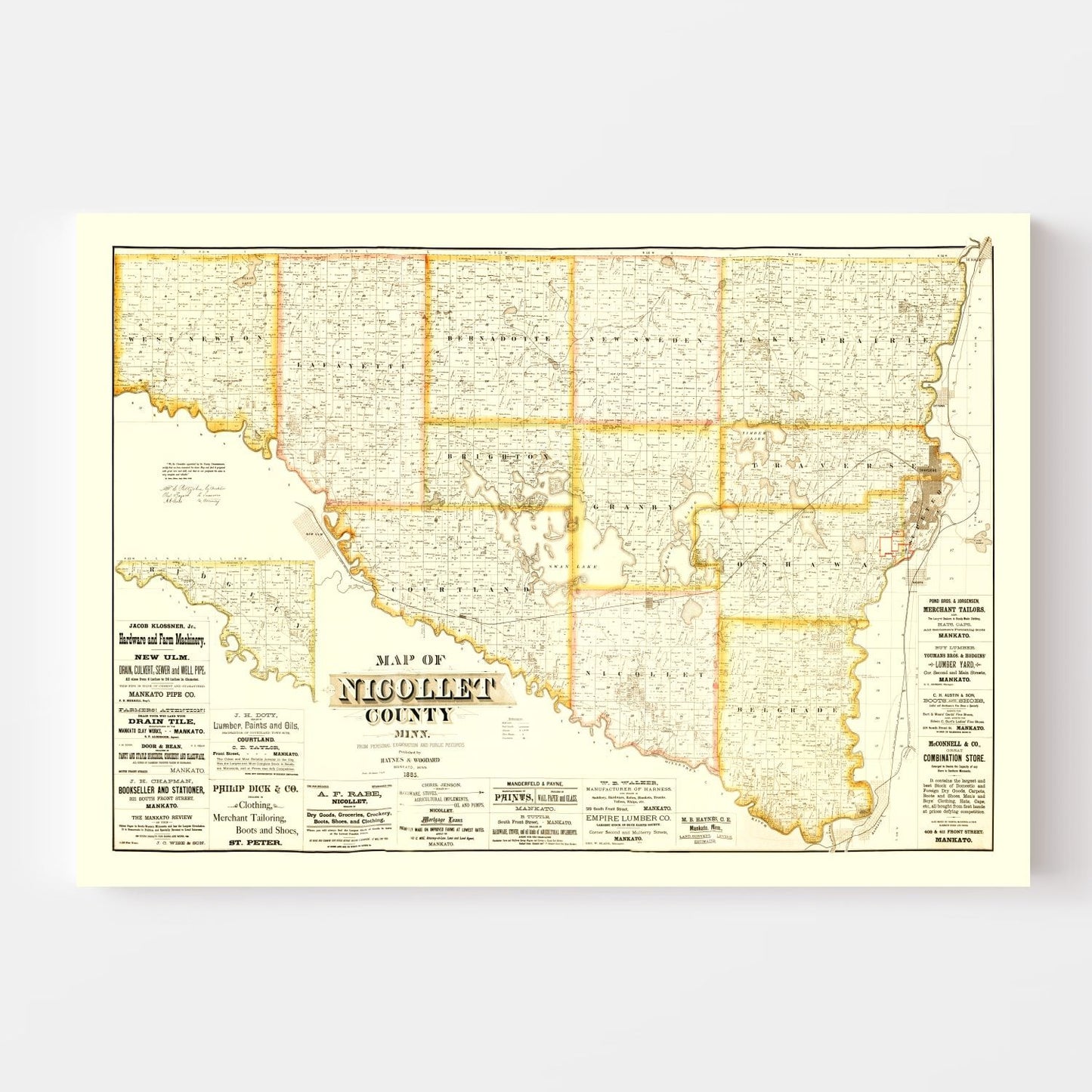 Vintage Map of Nicollet County, Minnesota, 1885