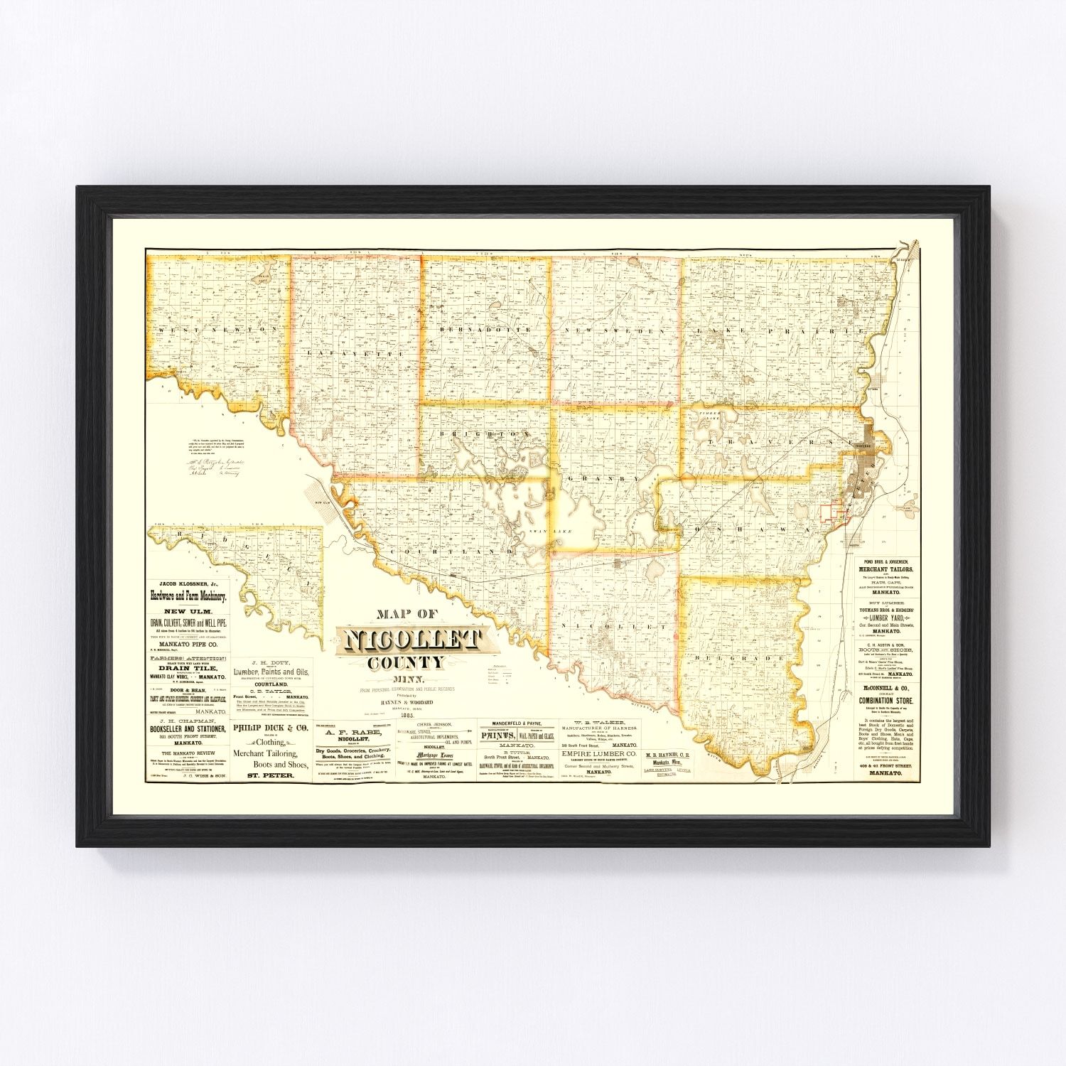 Vintage map of Nicollet County, Minnesota, 1885