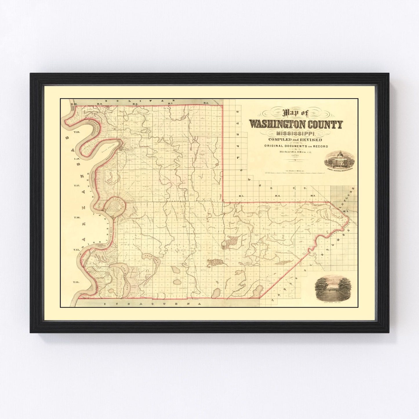 Vintage map of Washington County, Mississippi, 1871, Edition II, showing Delta river channels