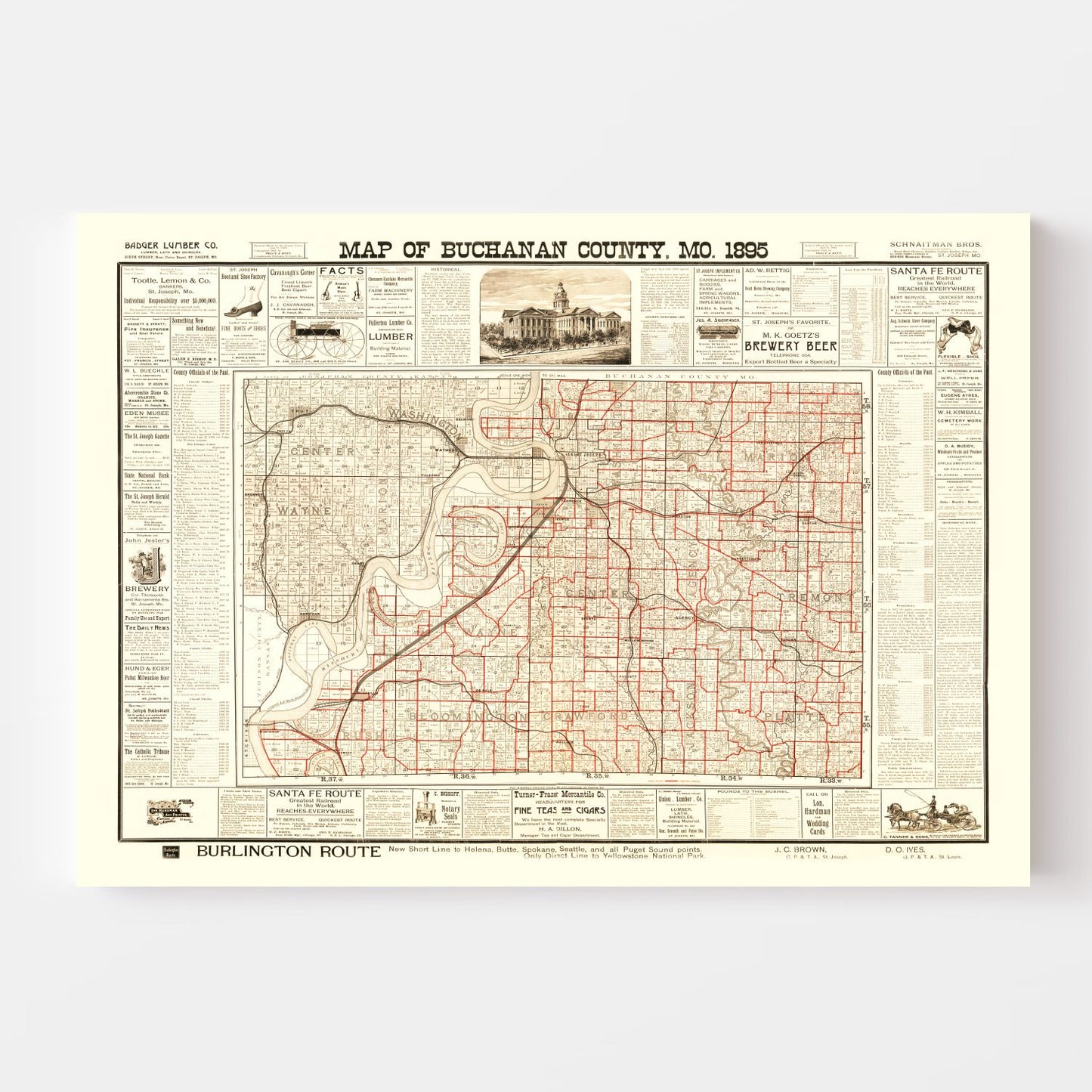 Vintage Map of Buchanan County, Missouri 1895 Wall Art